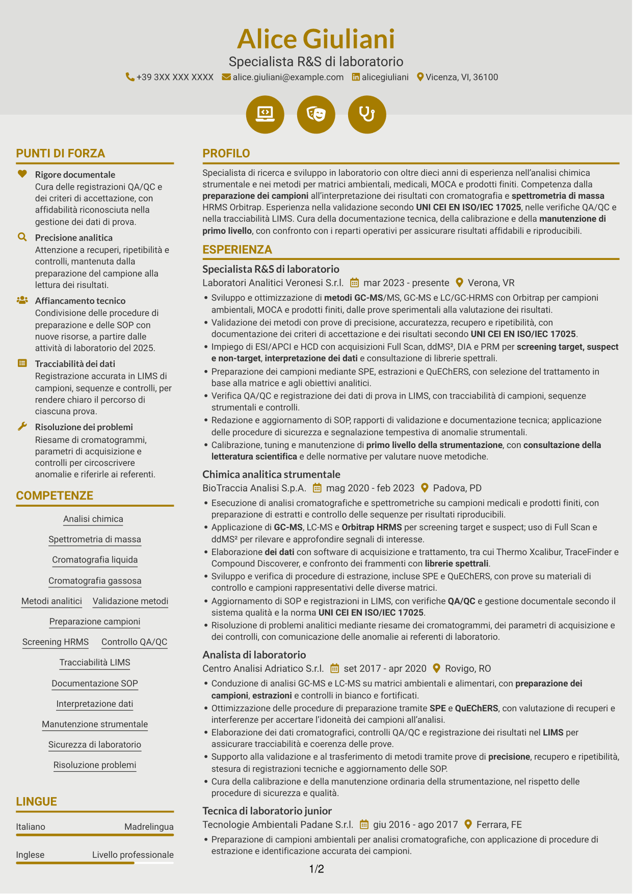 CV Dinamico (formato a due colonne con icone): Specialista R&S di laboratorio - Spettrometria di massa HRMS, pagina 1
