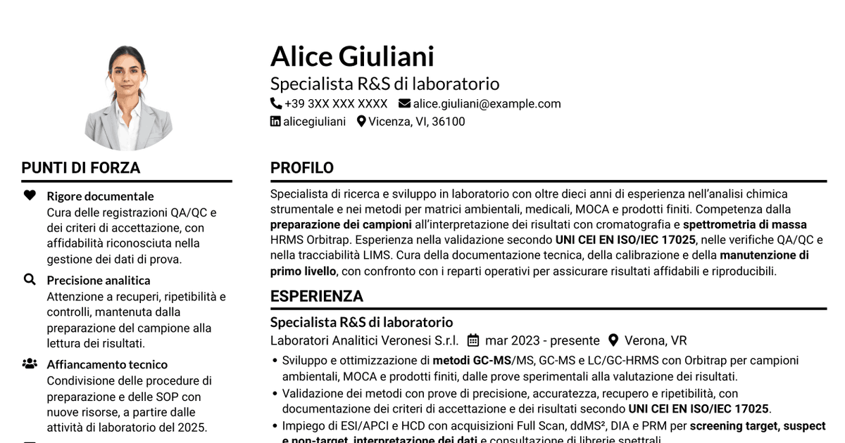7 modelli di CV per Specialista R&S di laboratorio - Spettrometria di massa HRMS, con esempi