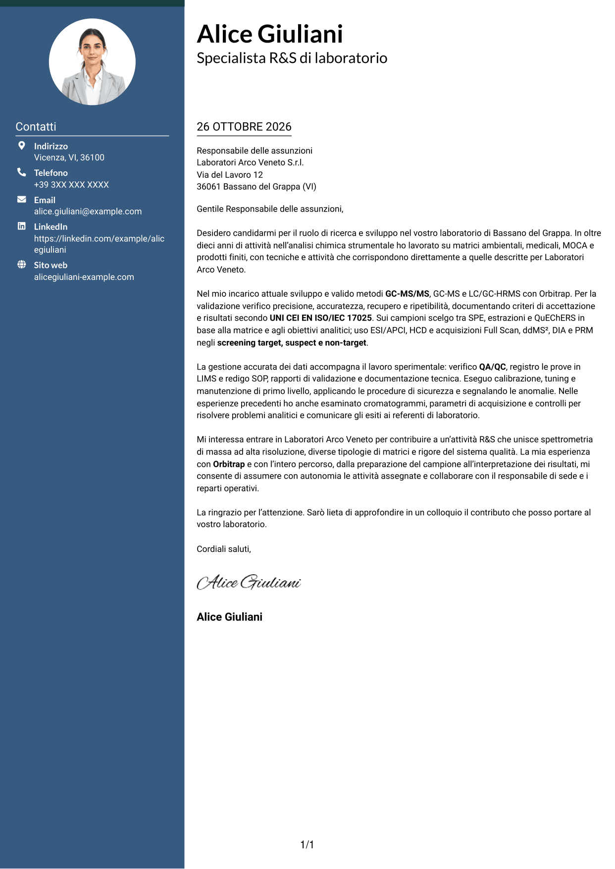 Lettera di presentazione Elegante (formato con colonna laterale colorata e foto): Specialista R&S di laboratorio - Spettrometria di massa HRMS, pagina 1