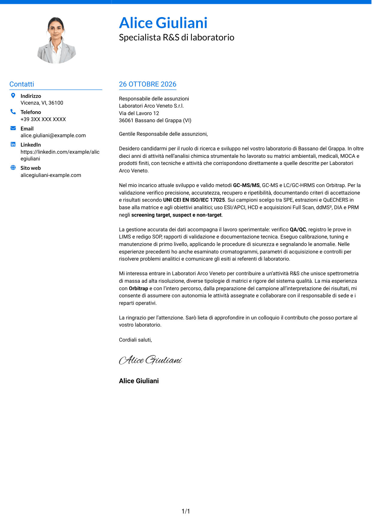 Lettera di presentazione Audace (formato a due colonne con accenti colorati e foto): Specialista R&S di laboratorio - Spettrometria di massa HRMS, pagina 1