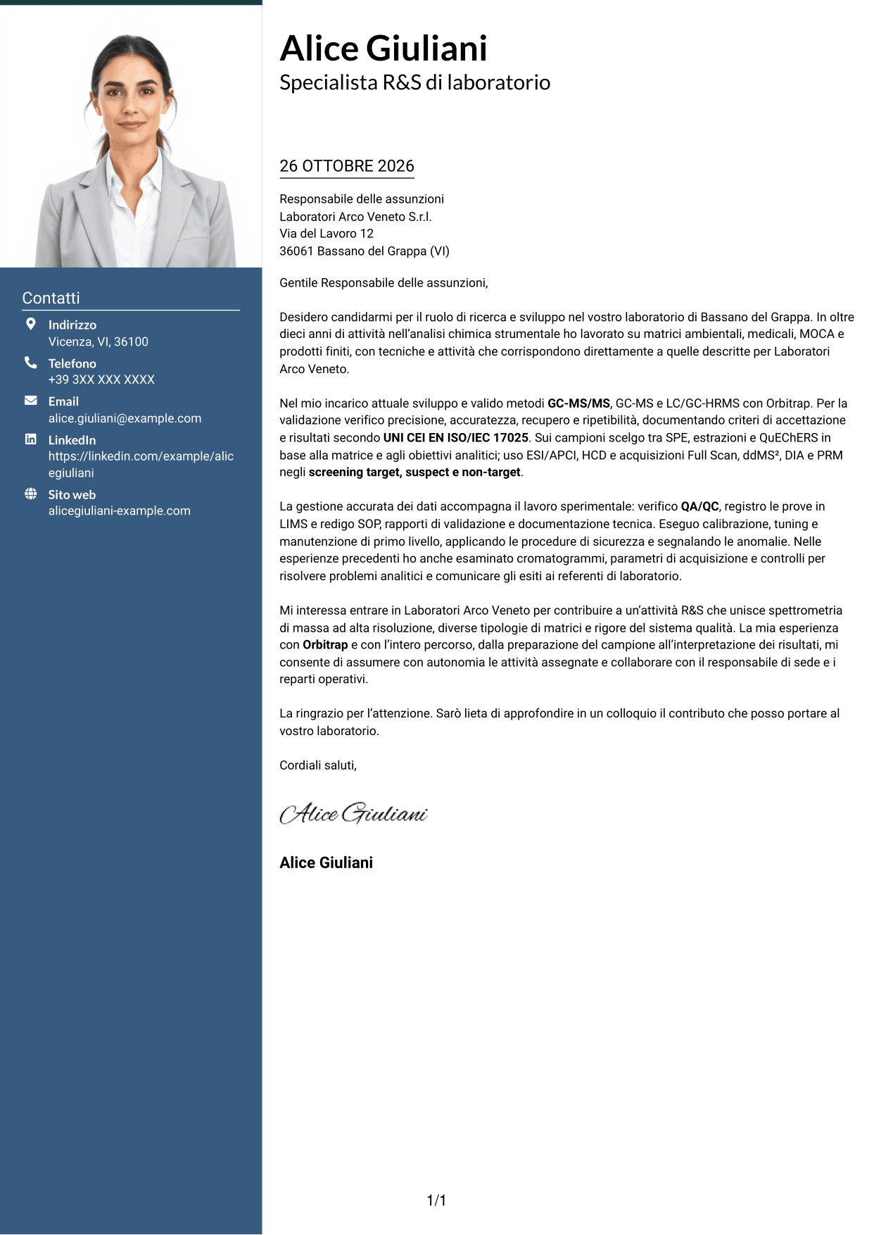 Lettera di presentazione Signature (formato con colonna laterale colorata e foto grande): Specialista R&S di laboratorio - Spettrometria di massa HRMS, pagina 1