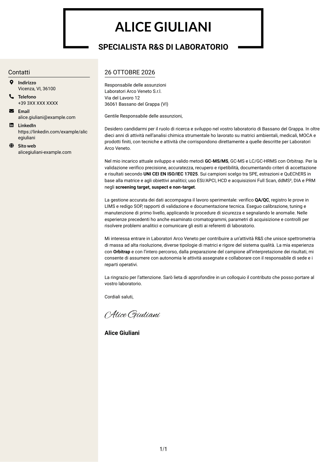 Lettera di presentazione Intraprendente (formato a due colonne con intestazione centrata senza foto): Specialista R&S di laboratorio - Spettrometria di massa HRMS, pagina 1