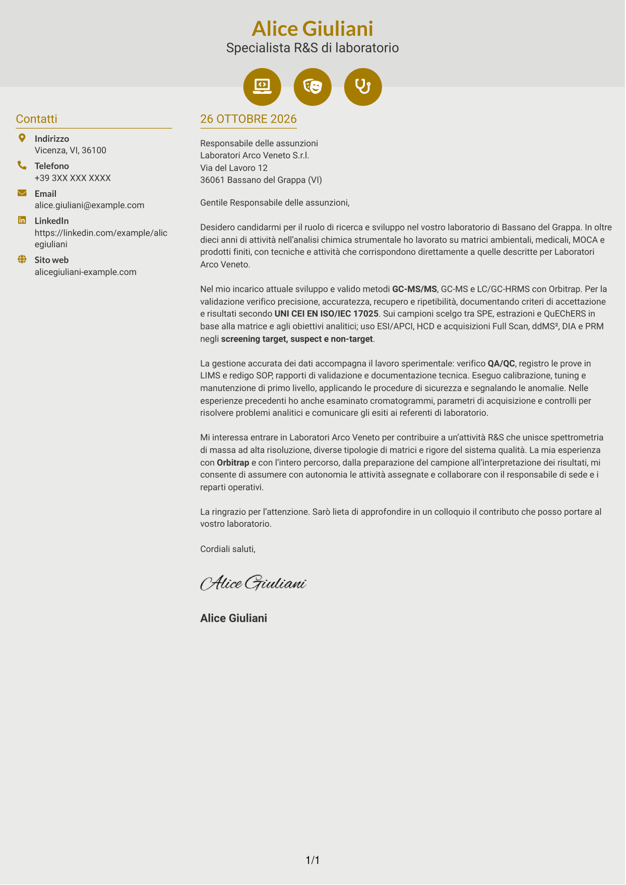 Lettera di presentazione Dinamico (formato a due colonne con icone): Specialista R&S di laboratorio - Spettrometria di massa HRMS, pagina 1