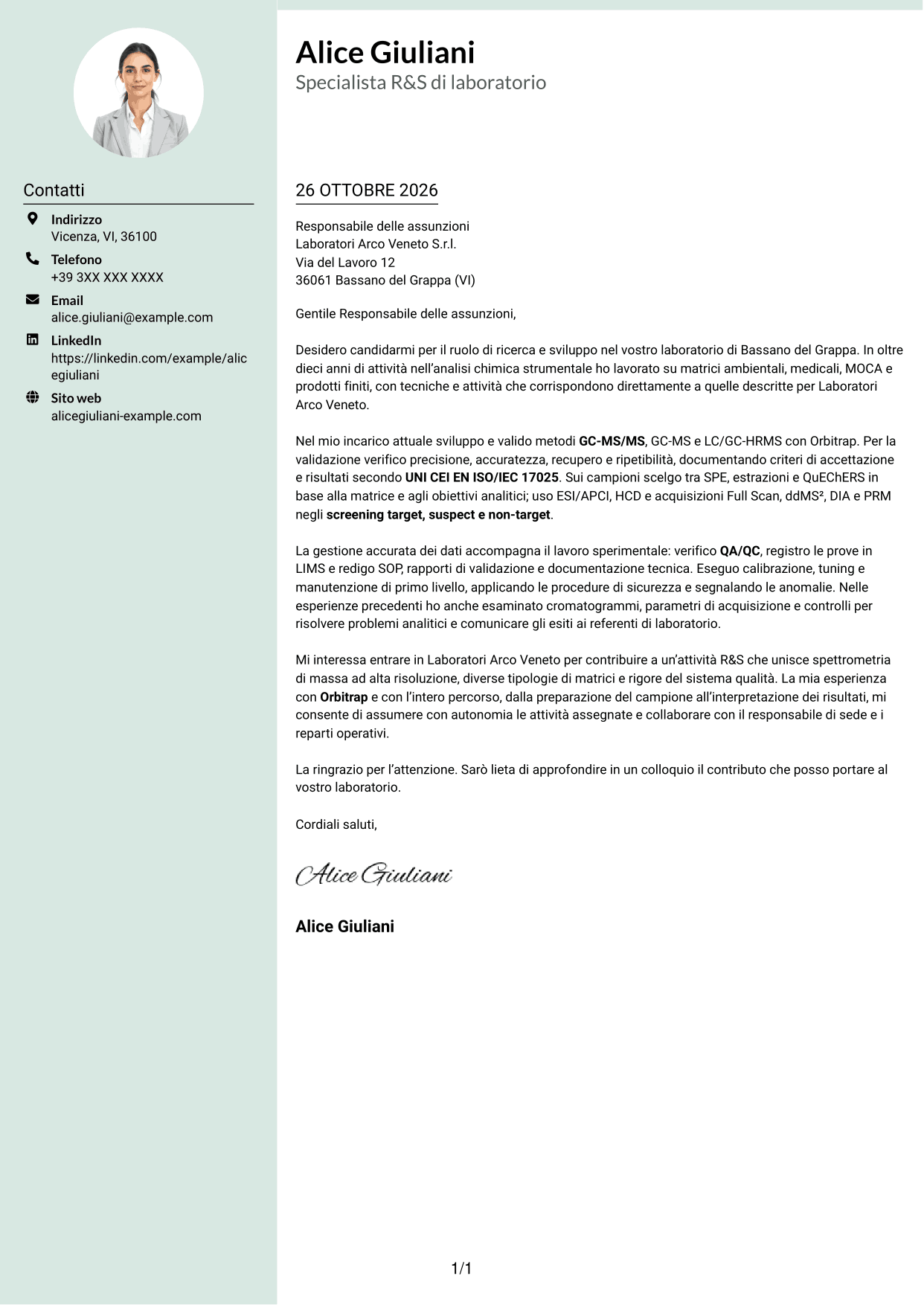 Lettera di presentazione Dirigente (formato con colonna laterale tenue e foto arrotondata): Specialista R&S di laboratorio - Spettrometria di massa HRMS, pagina 1