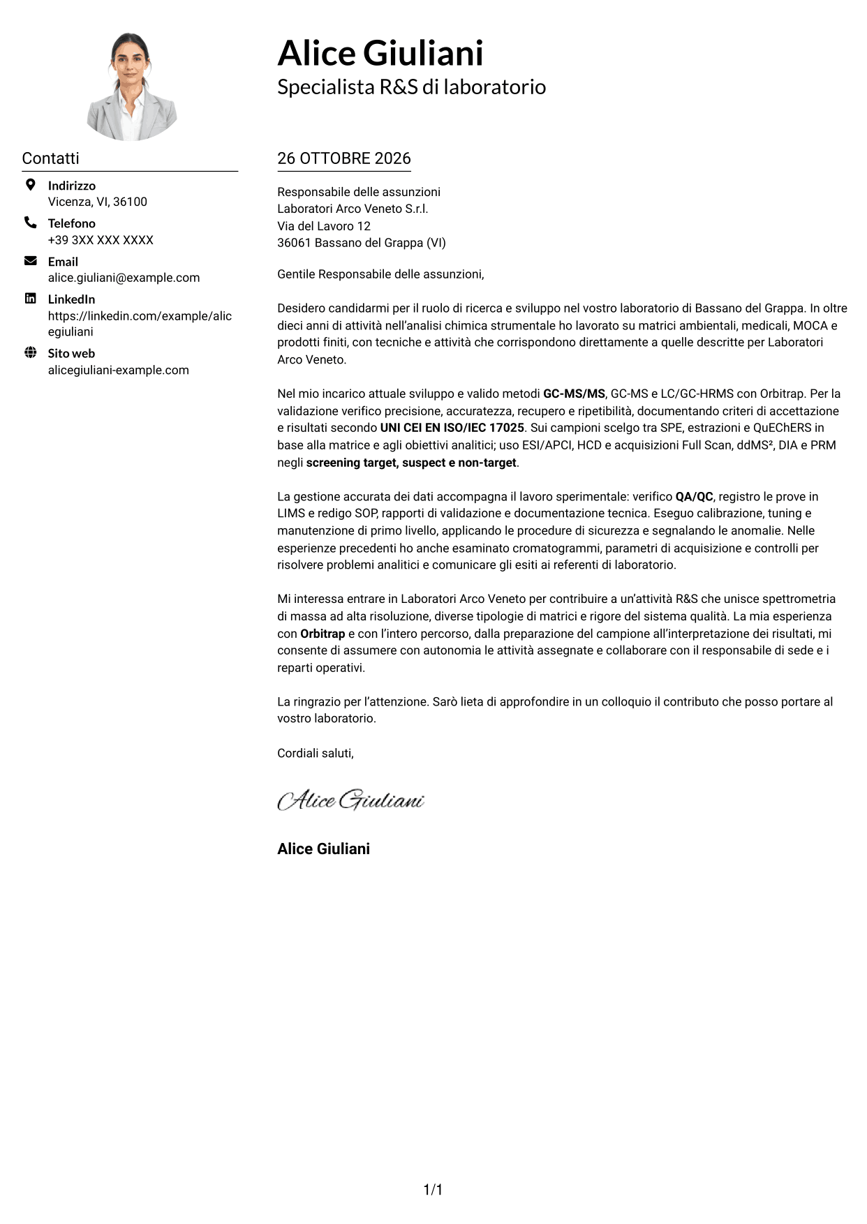 Esempio di lettera di presentazione — pagina 1