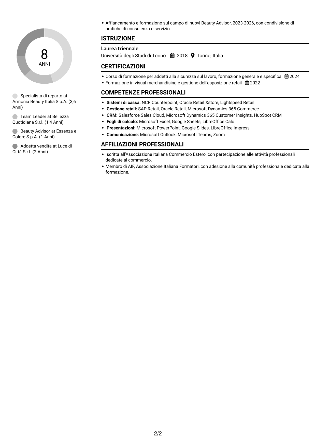 CV Compatto (formato sobrio a due colonne con foto): Specialista retail - Cosmesi, pagina 2