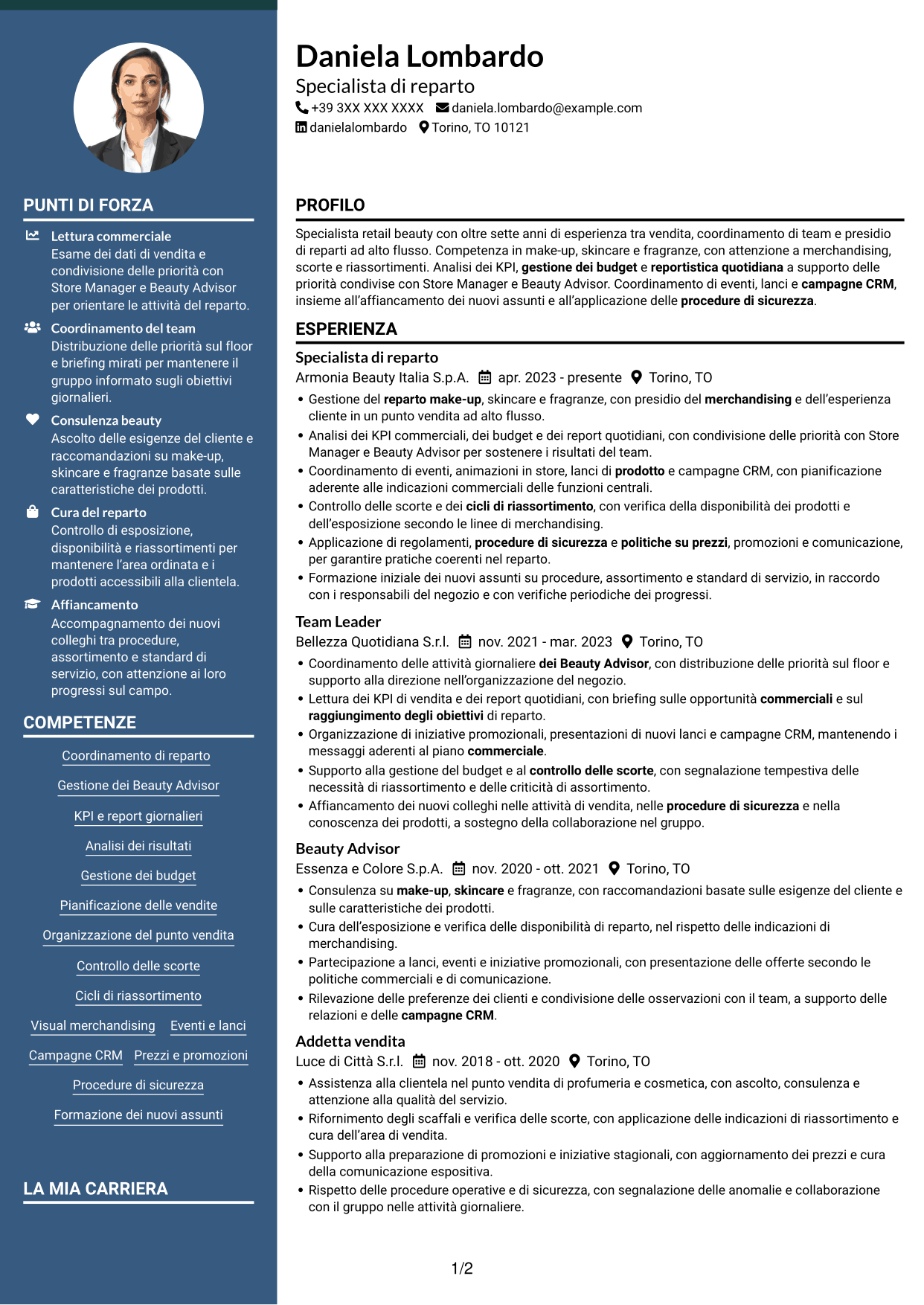 CV Elegante (formato con colonna laterale colorata e foto): Specialista retail - Cosmesi, pagina 1