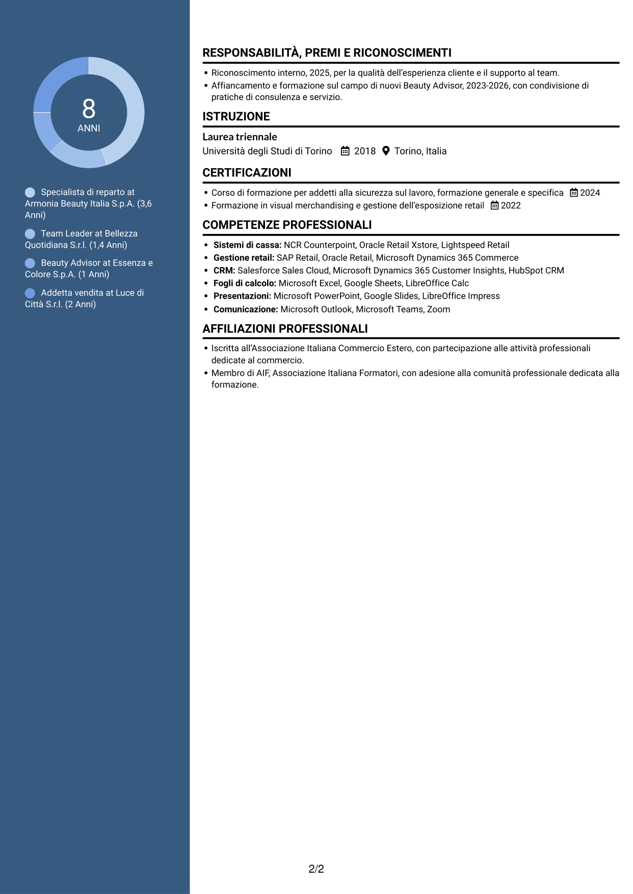 CV Elegante (formato con colonna laterale colorata e foto): Specialista retail - Cosmesi, pagina 2