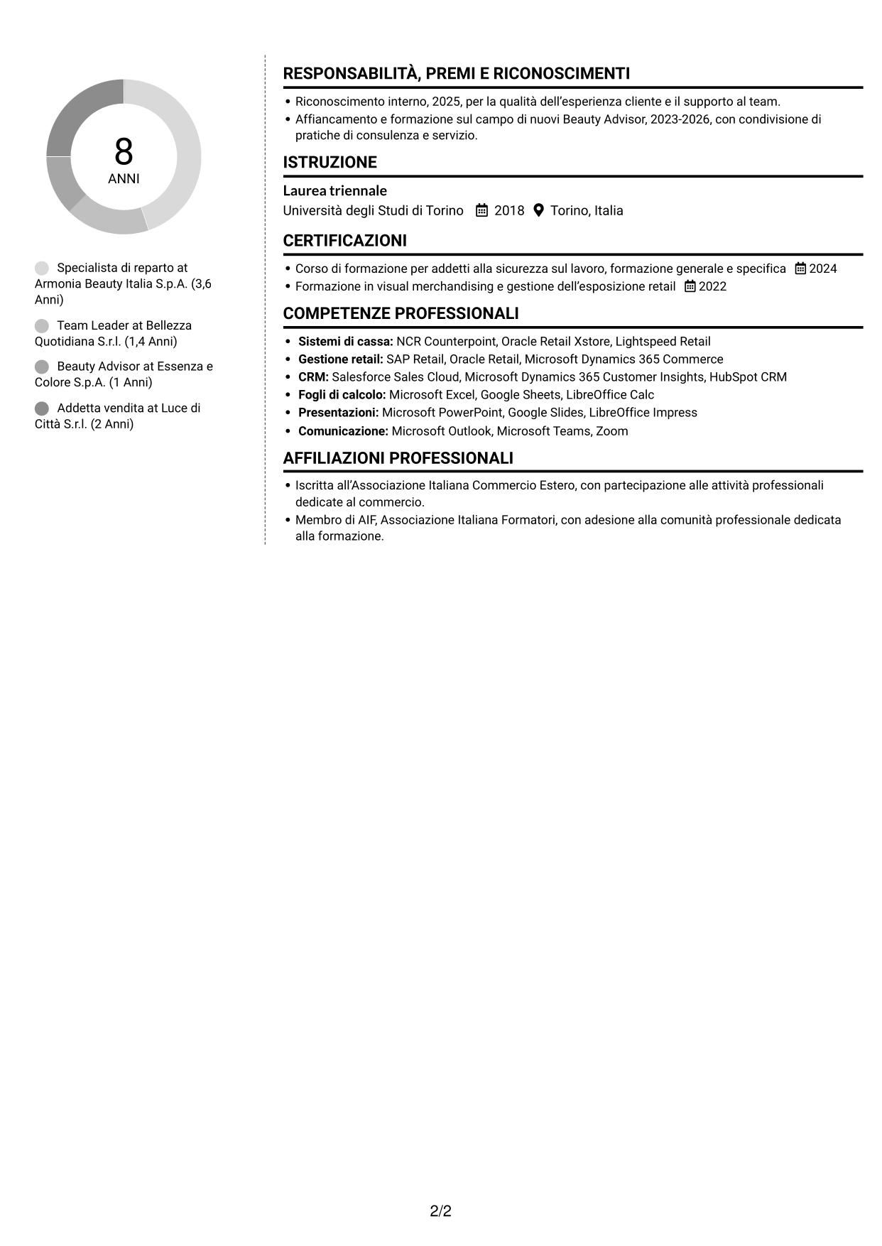 CV Moderno (formato a due colonne con foto a sinistra e separatore): Specialista retail - Cosmesi, pagina 2