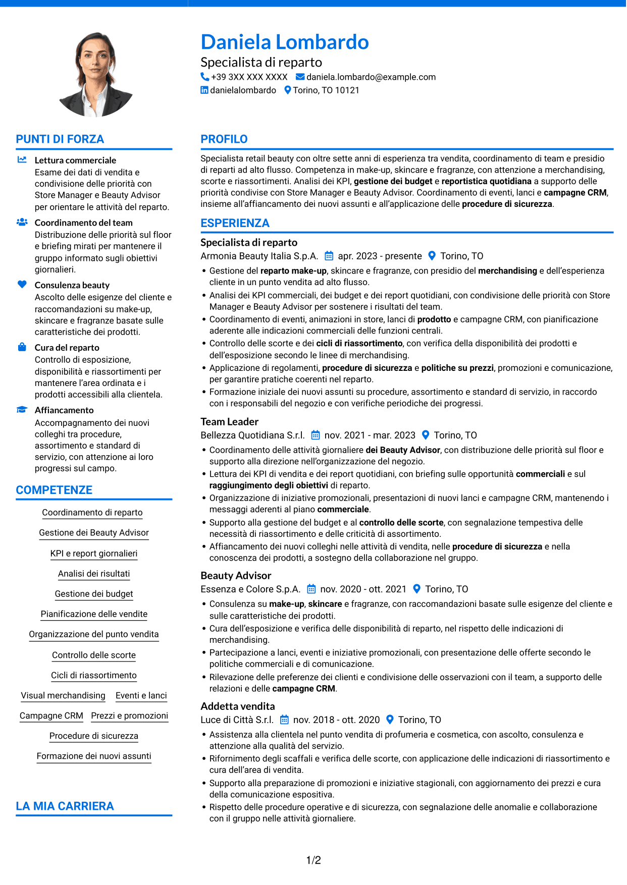 CV Audace (formato a due colonne con accenti colorati e foto): Specialista retail - Cosmesi, pagina 1