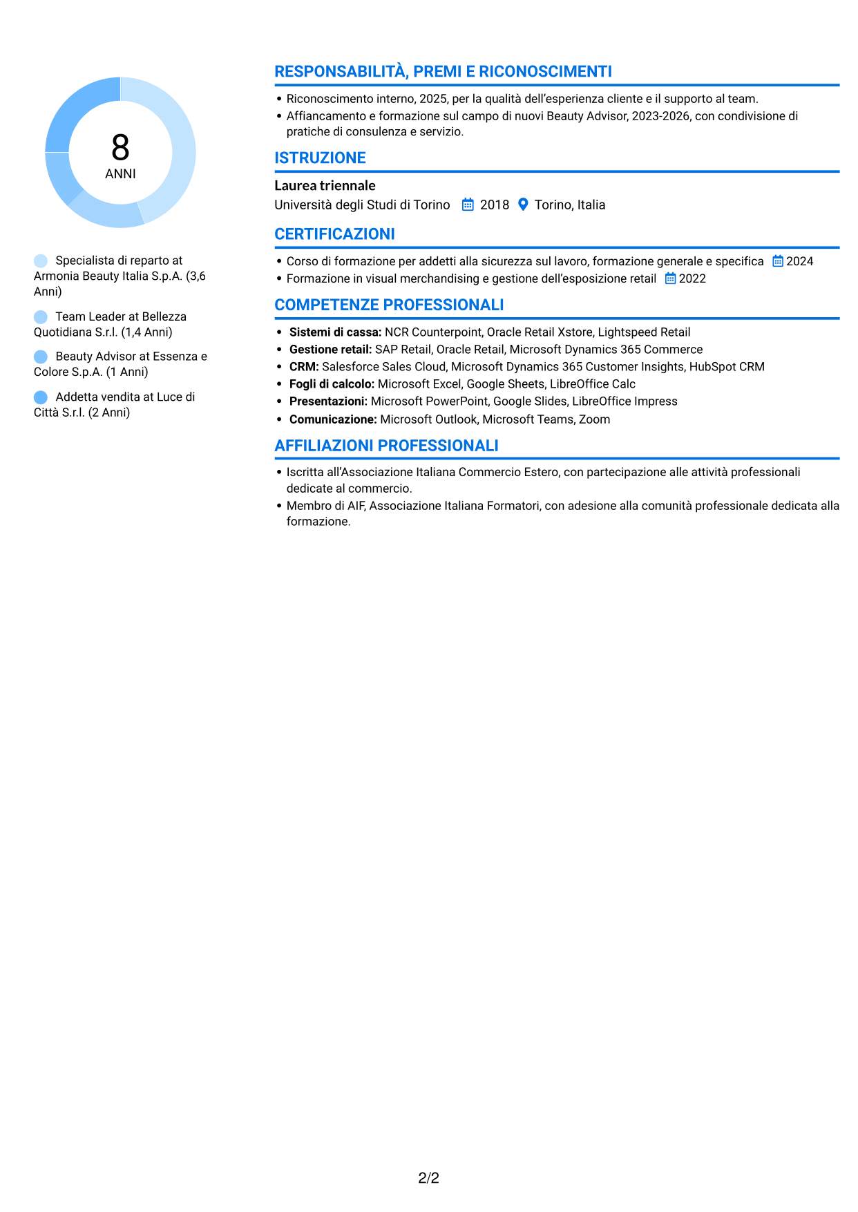 CV Audace (formato a due colonne con accenti colorati e foto): Specialista retail - Cosmesi, pagina 2