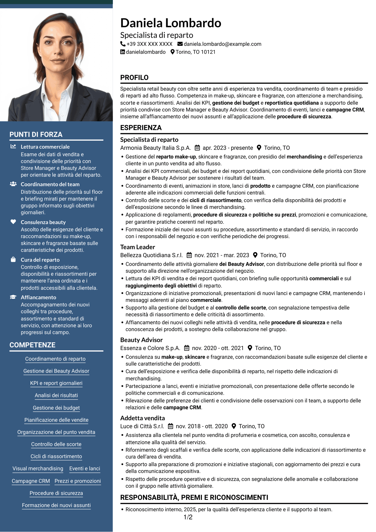 CV Signature (formato con colonna laterale colorata e foto grande): Specialista retail - Cosmesi, pagina 1