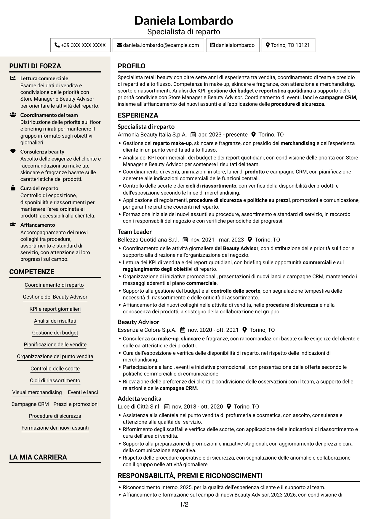 CV Intraprendente (formato a due colonne con intestazione centrata senza foto): Specialista retail - Cosmesi, pagina 1