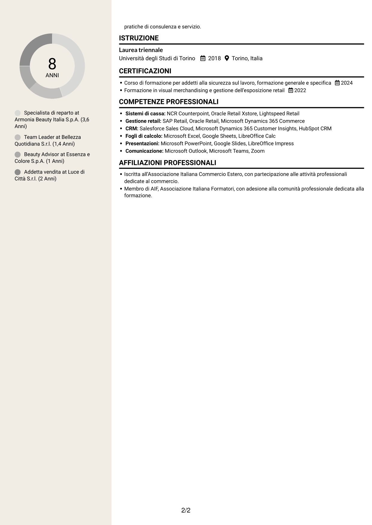 CV Intraprendente (formato a due colonne con intestazione centrata senza foto): Specialista retail - Cosmesi, pagina 2