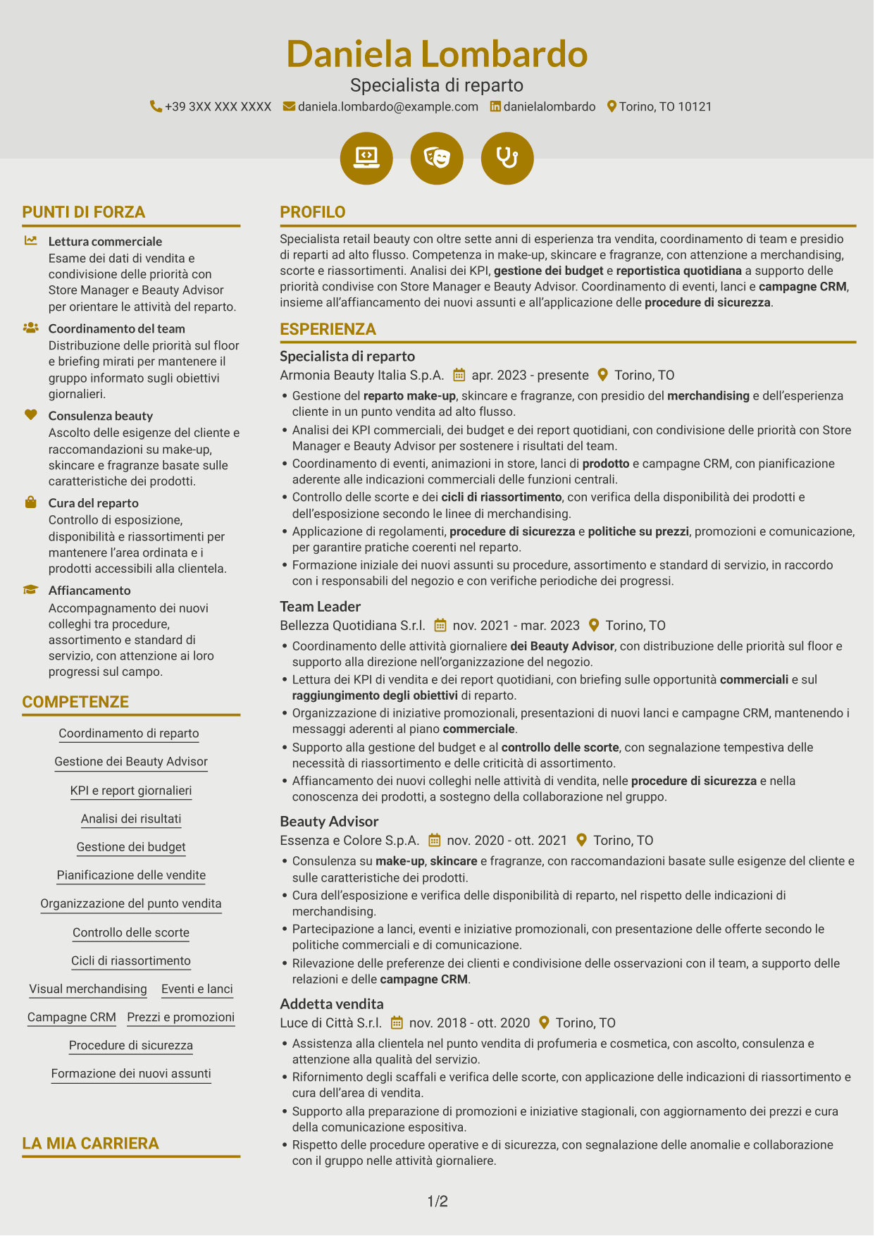 CV Dinamico (formato a due colonne con icone): Specialista retail - Cosmesi, pagina 1