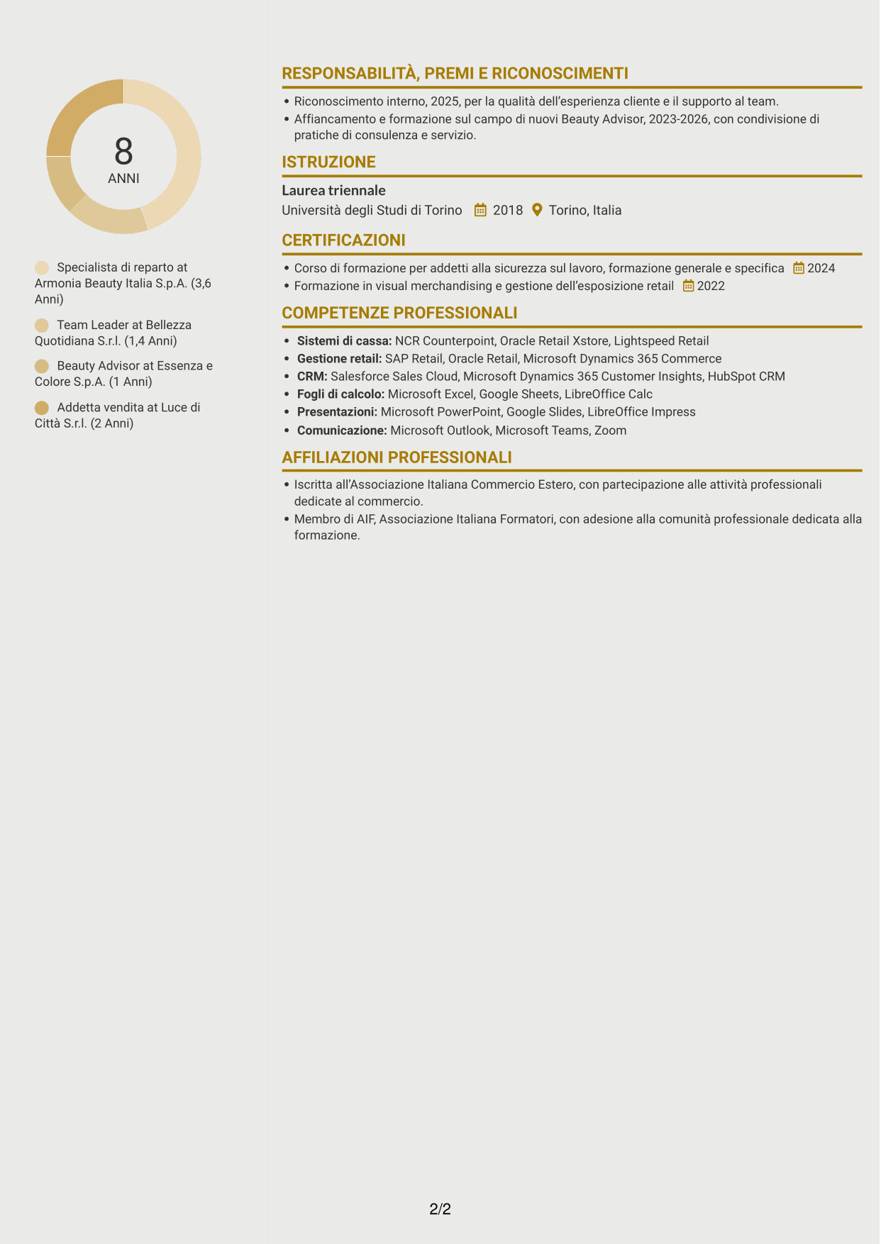 CV Dinamico (formato a due colonne con icone): Specialista retail - Cosmesi, pagina 2
