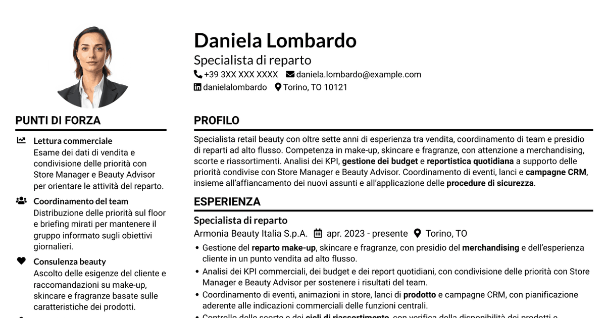 7 modelli di CV per Specialista retail - Cosmesi, con esempi