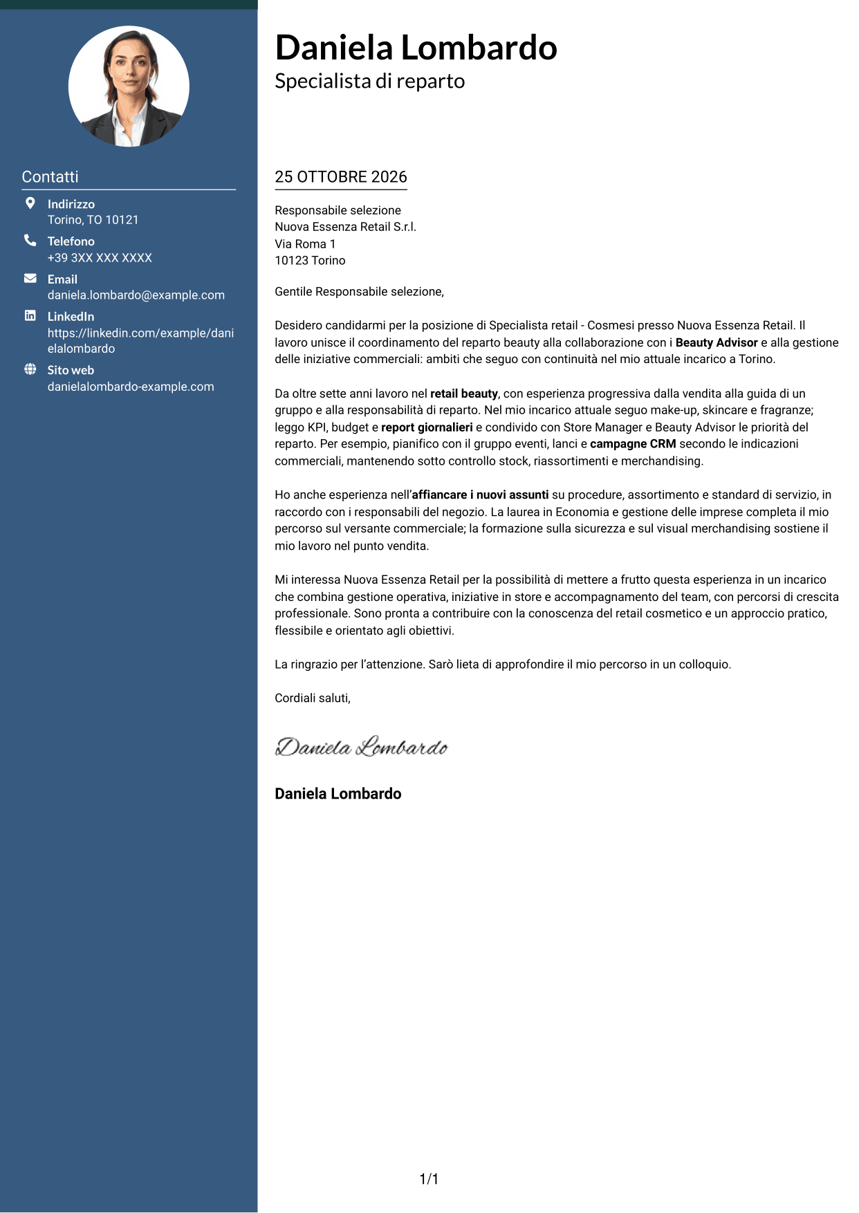 Lettera di presentazione Elegante (formato con colonna laterale colorata e foto): Specialista retail - Cosmesi, pagina 1