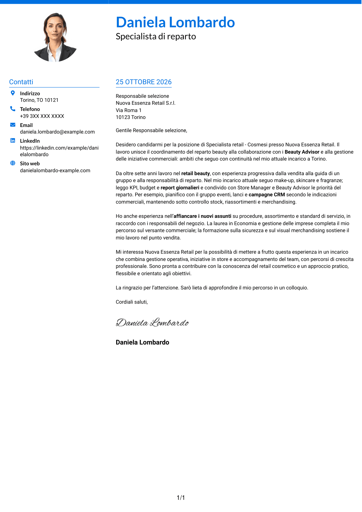 Lettera di presentazione Audace (formato a due colonne con accenti colorati e foto): Specialista retail - Cosmesi, pagina 1