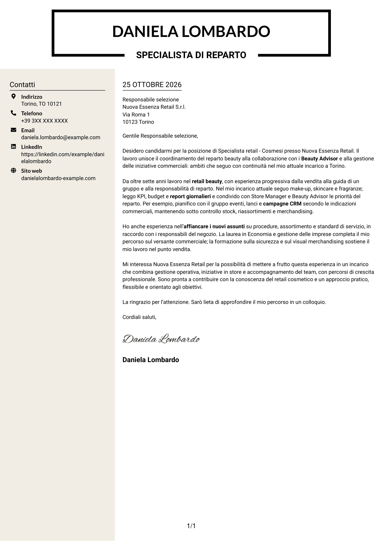 Lettera di presentazione Intraprendente (formato a due colonne con intestazione centrata senza foto): Specialista retail - Cosmesi, pagina 1