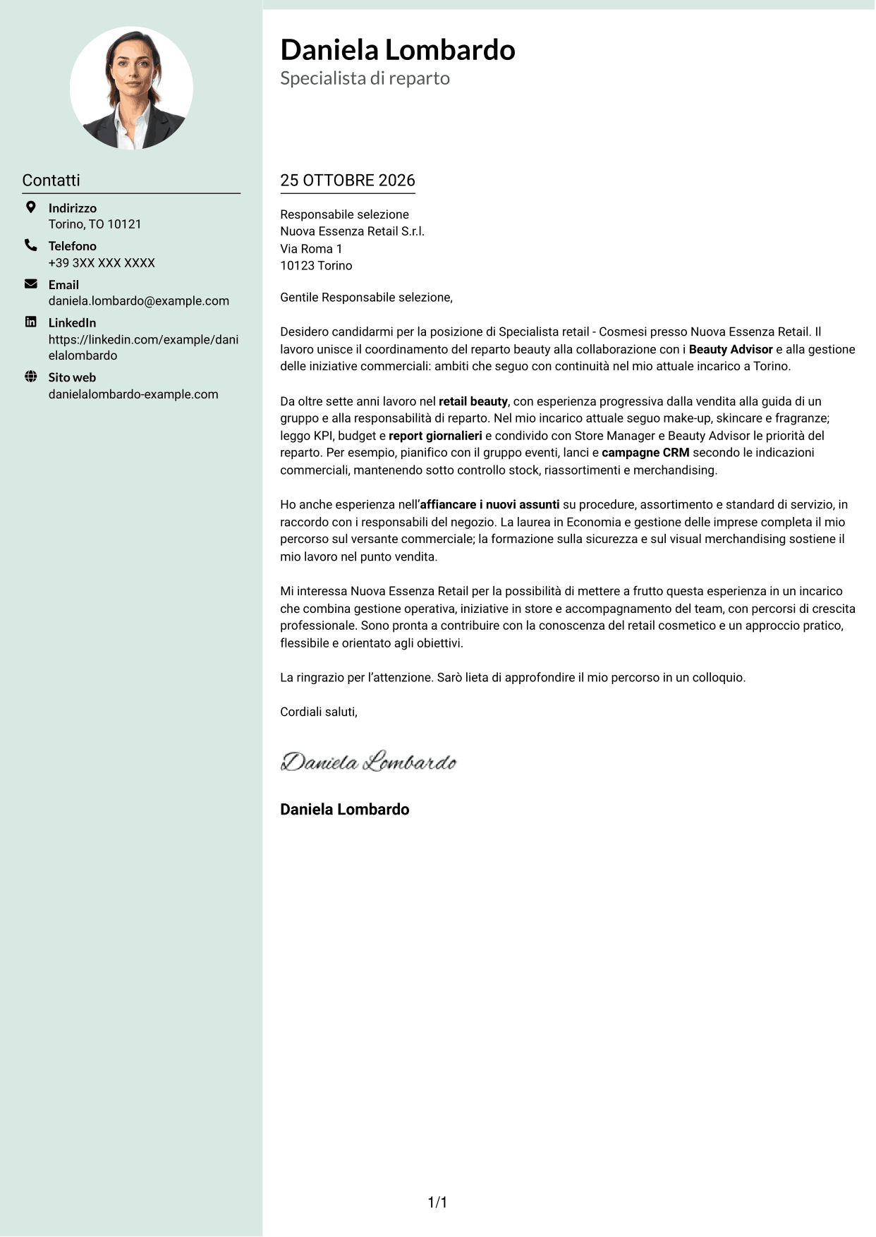 Lettera di presentazione Dirigente (formato con colonna laterale tenue e foto arrotondata): Specialista retail - Cosmesi, pagina 1
