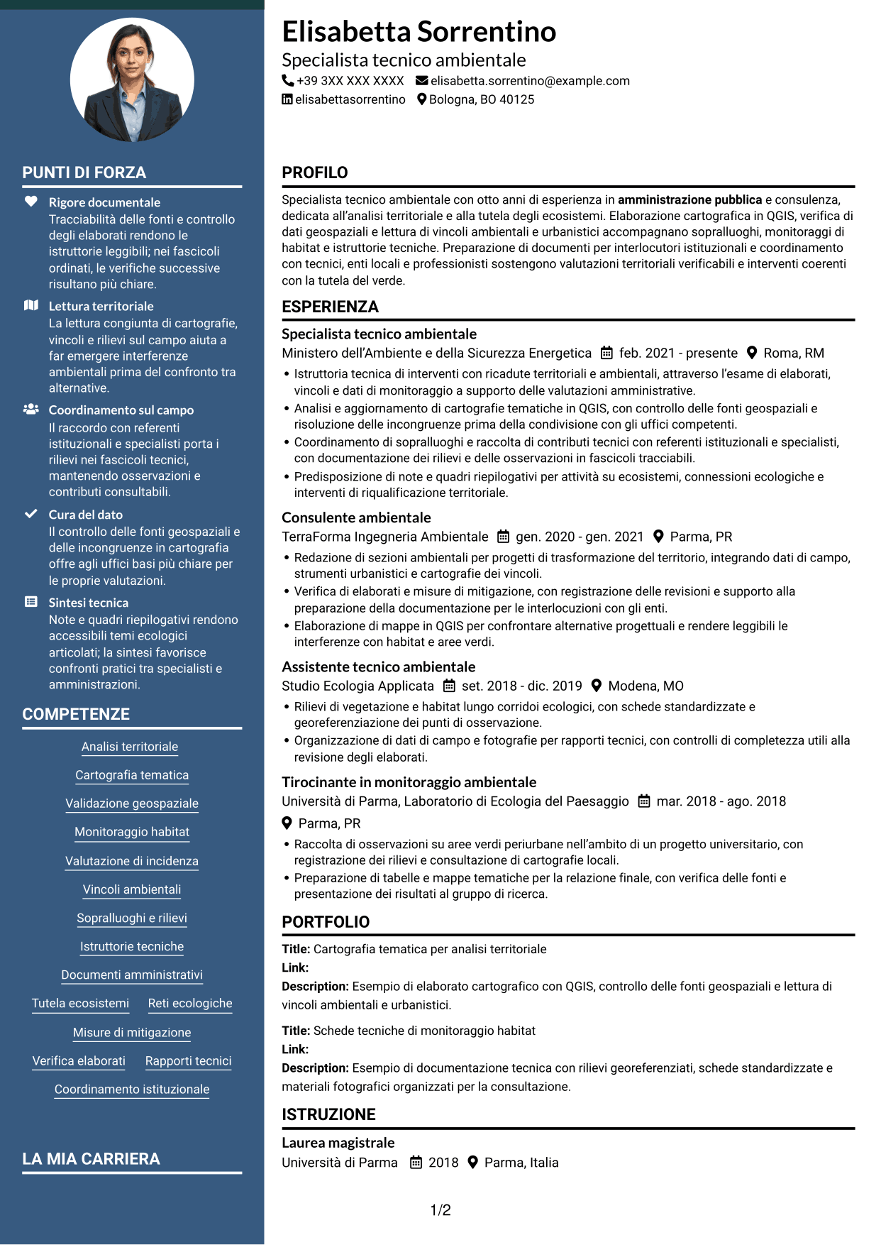 CV Elegante (formato con colonna laterale colorata e foto): Specialista Tecnico - Territorio e Sistemi Verdi, pagina 1