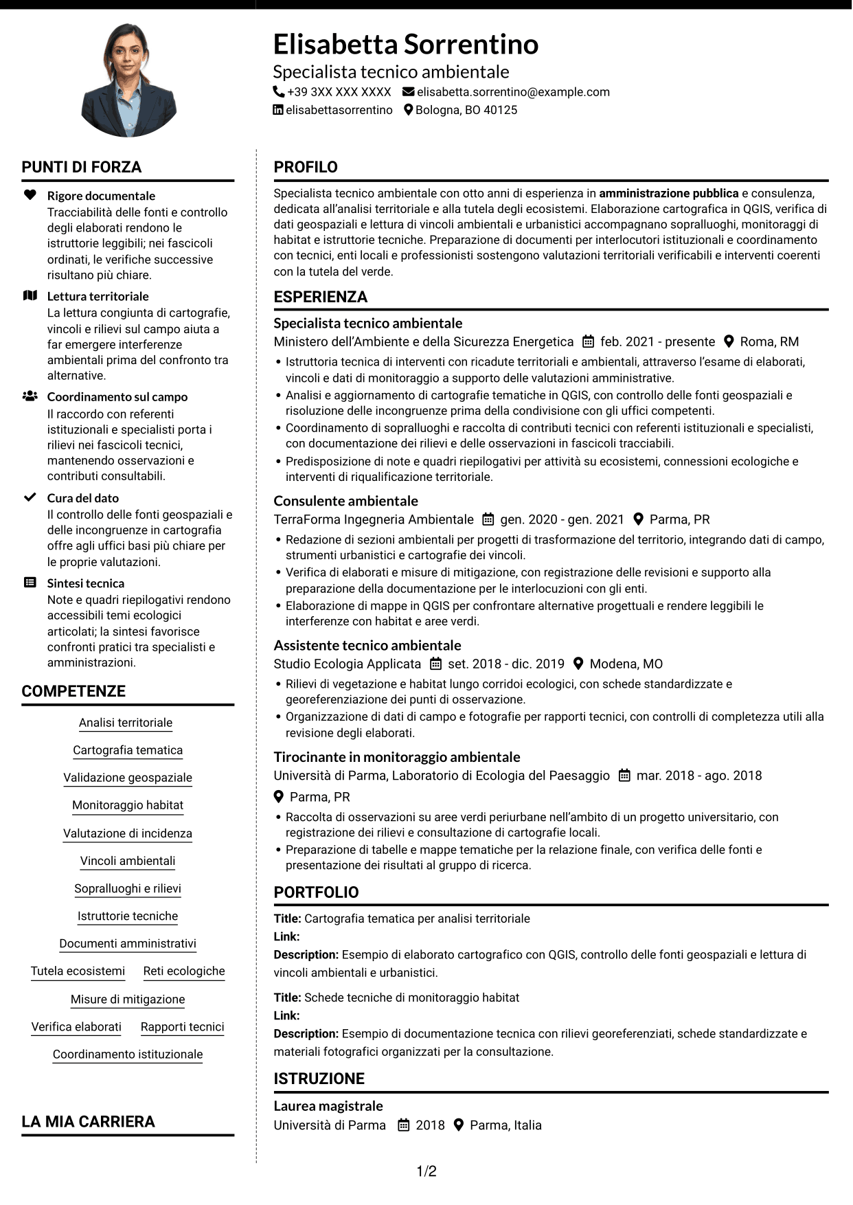 CV Moderno (formato a due colonne con foto a sinistra e separatore): Specialista Tecnico - Territorio e Sistemi Verdi, pagina 1
