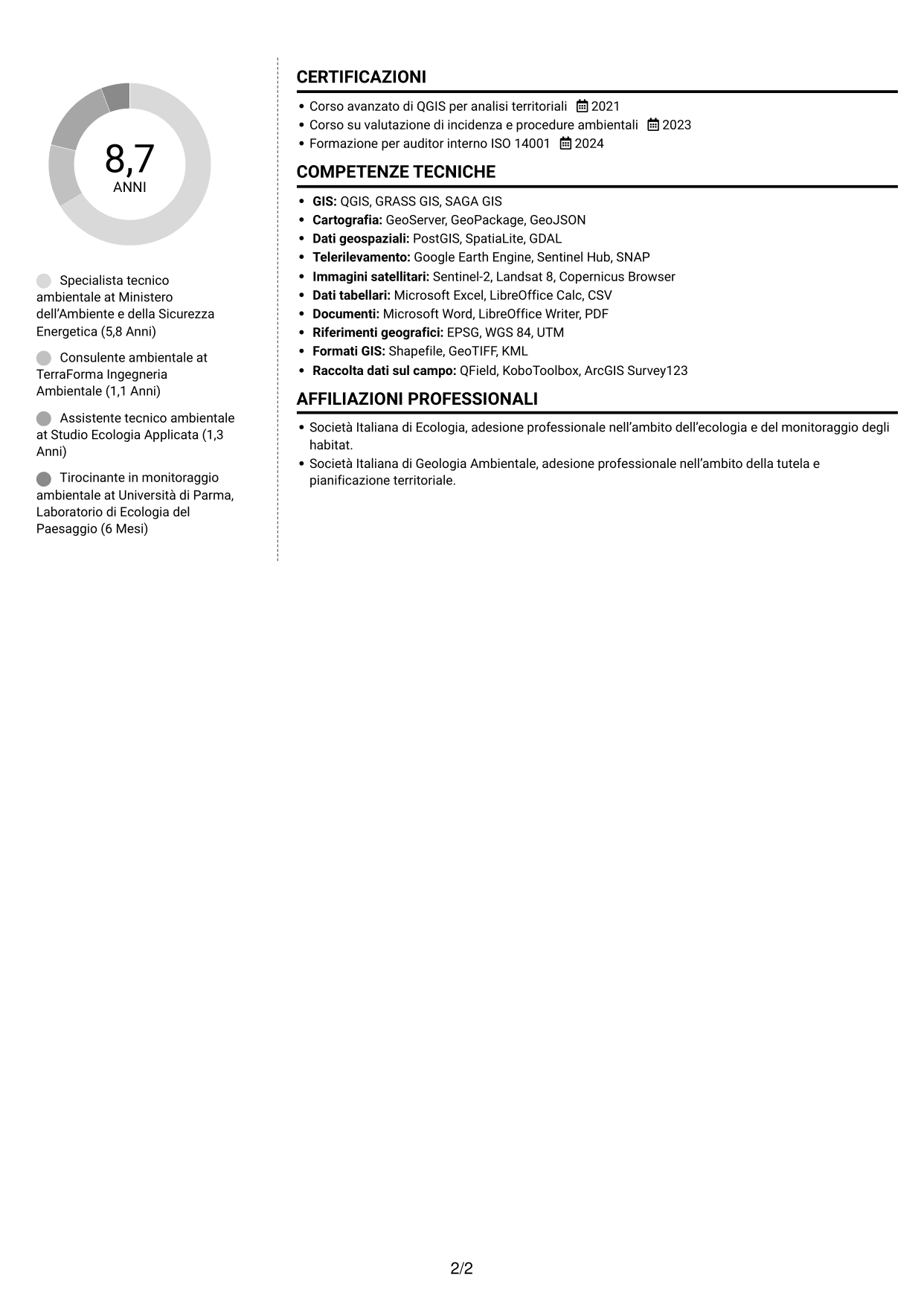 CV Moderno (formato a due colonne con foto a sinistra e separatore): Specialista Tecnico - Territorio e Sistemi Verdi, pagina 2