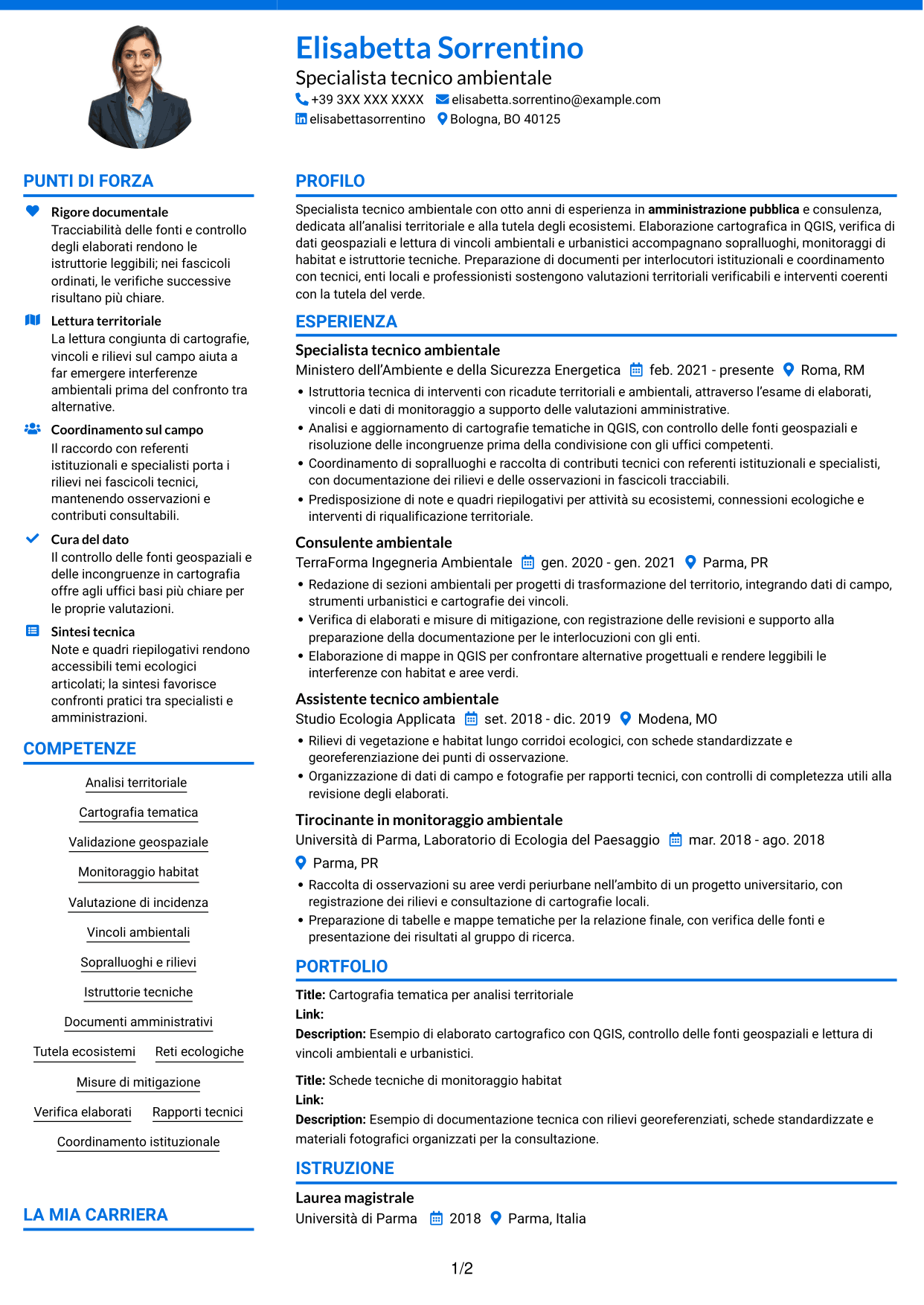 CV Audace (formato a due colonne con accenti colorati e foto): Specialista Tecnico - Territorio e Sistemi Verdi, pagina 1