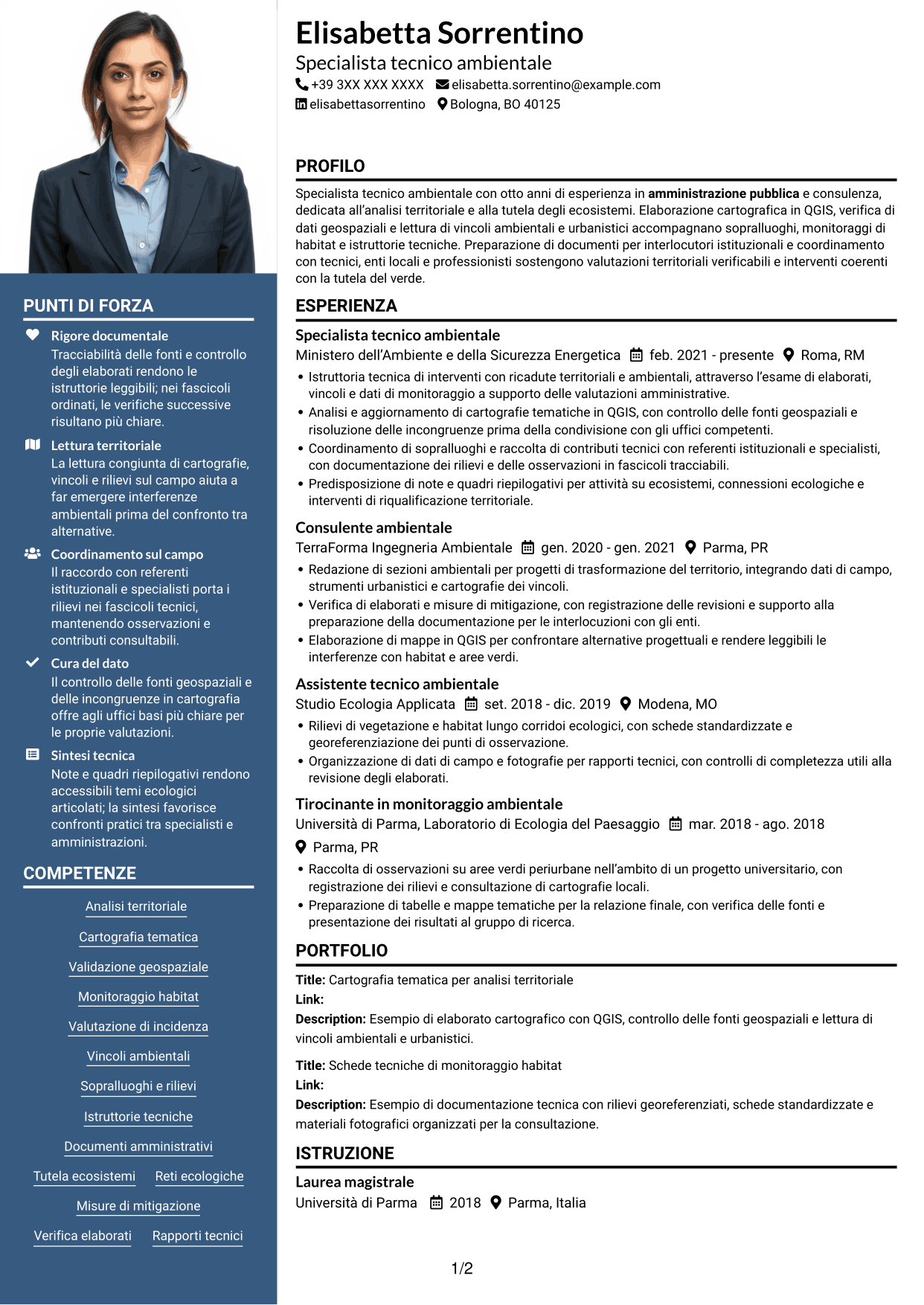 CV Signature (formato con colonna laterale colorata e foto grande): Specialista Tecnico - Territorio e Sistemi Verdi, pagina 1