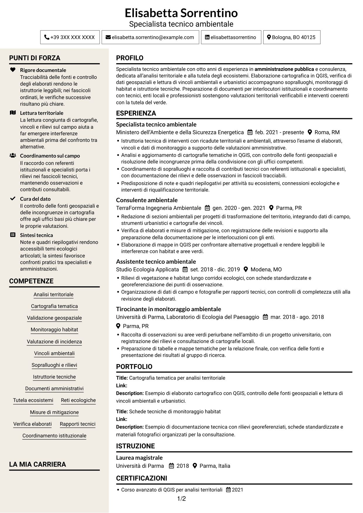 CV Intraprendente (formato a due colonne con intestazione centrata senza foto): Specialista Tecnico - Territorio e Sistemi Verdi, pagina 1