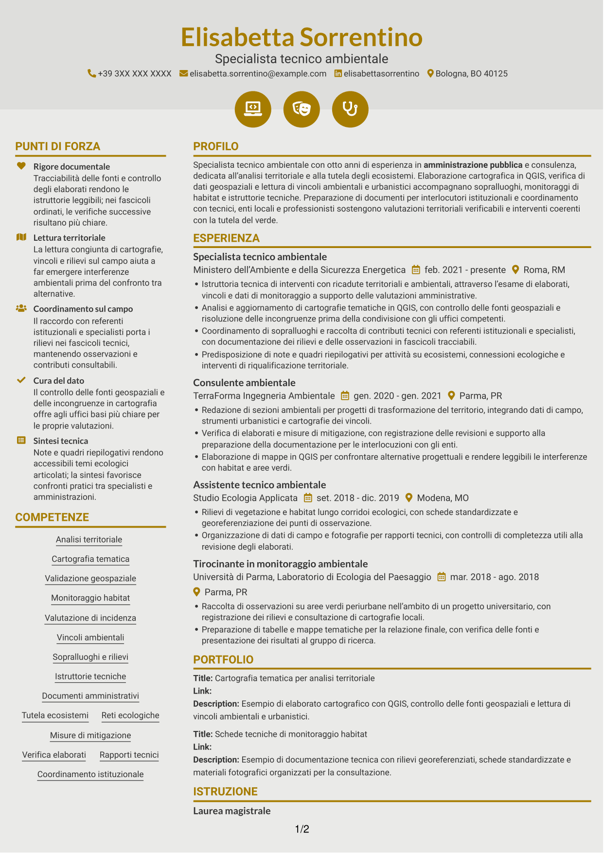 CV Dinamico (formato a due colonne con icone): Specialista Tecnico - Territorio e Sistemi Verdi, pagina 1