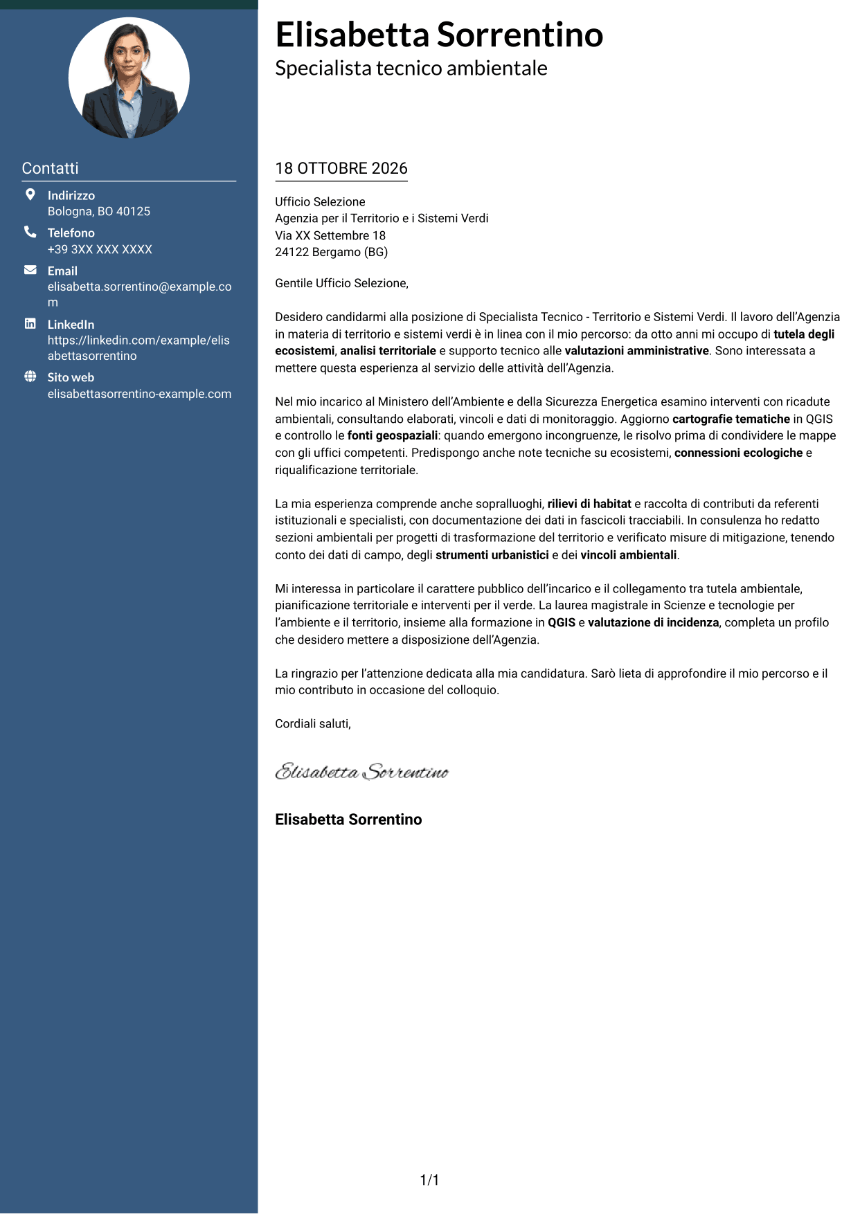 Lettera di presentazione Elegante (formato con colonna laterale colorata e foto): Specialista Tecnico - Territorio e Sistemi Verdi, pagina 1