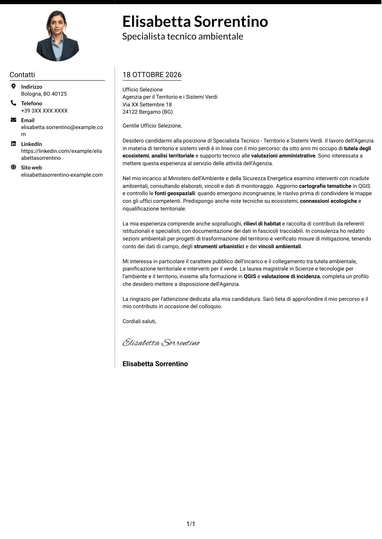 Lettera di presentazione Moderno (formato a due colonne con foto a sinistra e separatore): Specialista Tecnico - Territorio e Sistemi Verdi, pagina 1
