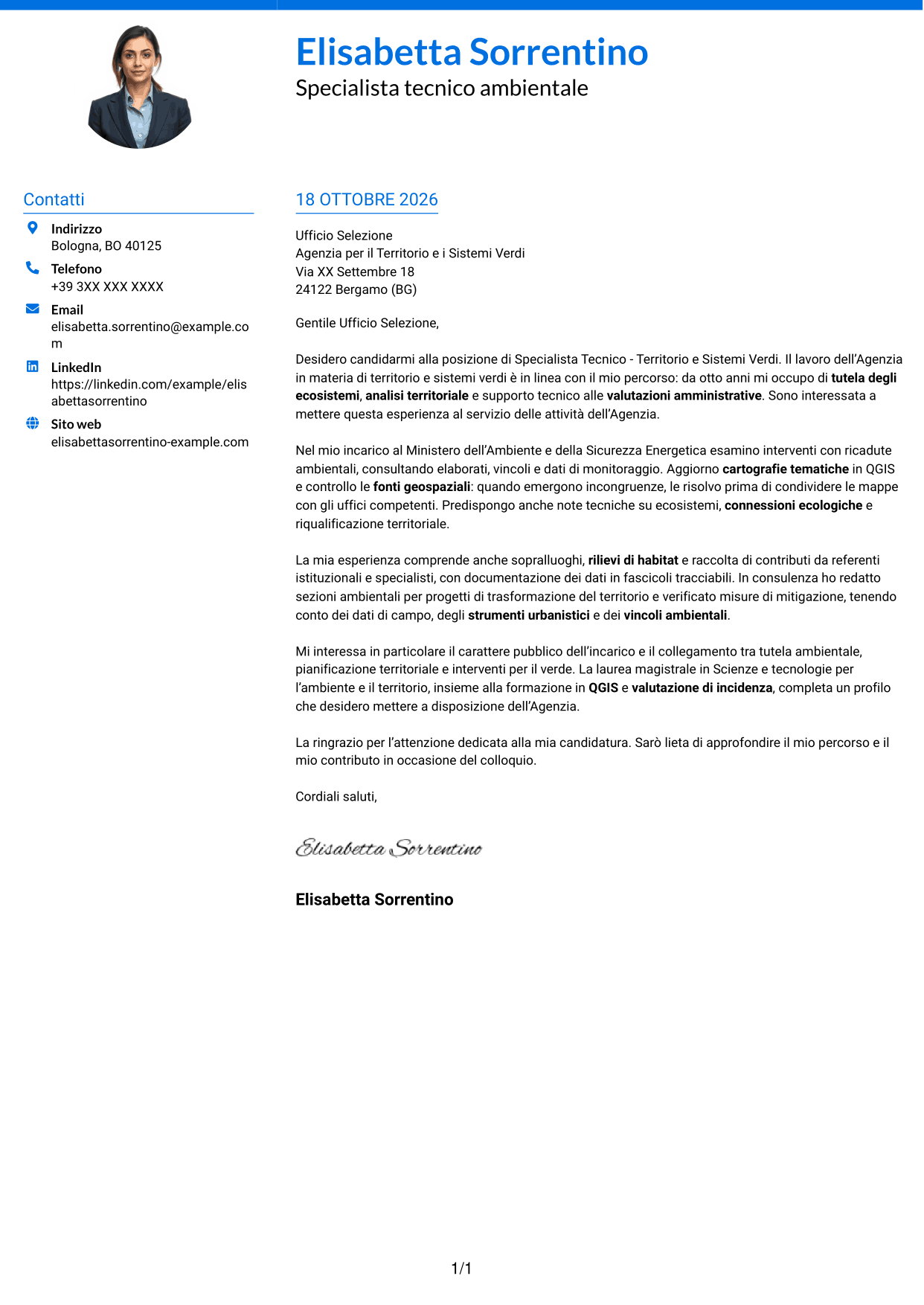 Lettera di presentazione Audace (formato a due colonne con accenti colorati e foto): Specialista Tecnico - Territorio e Sistemi Verdi, pagina 1