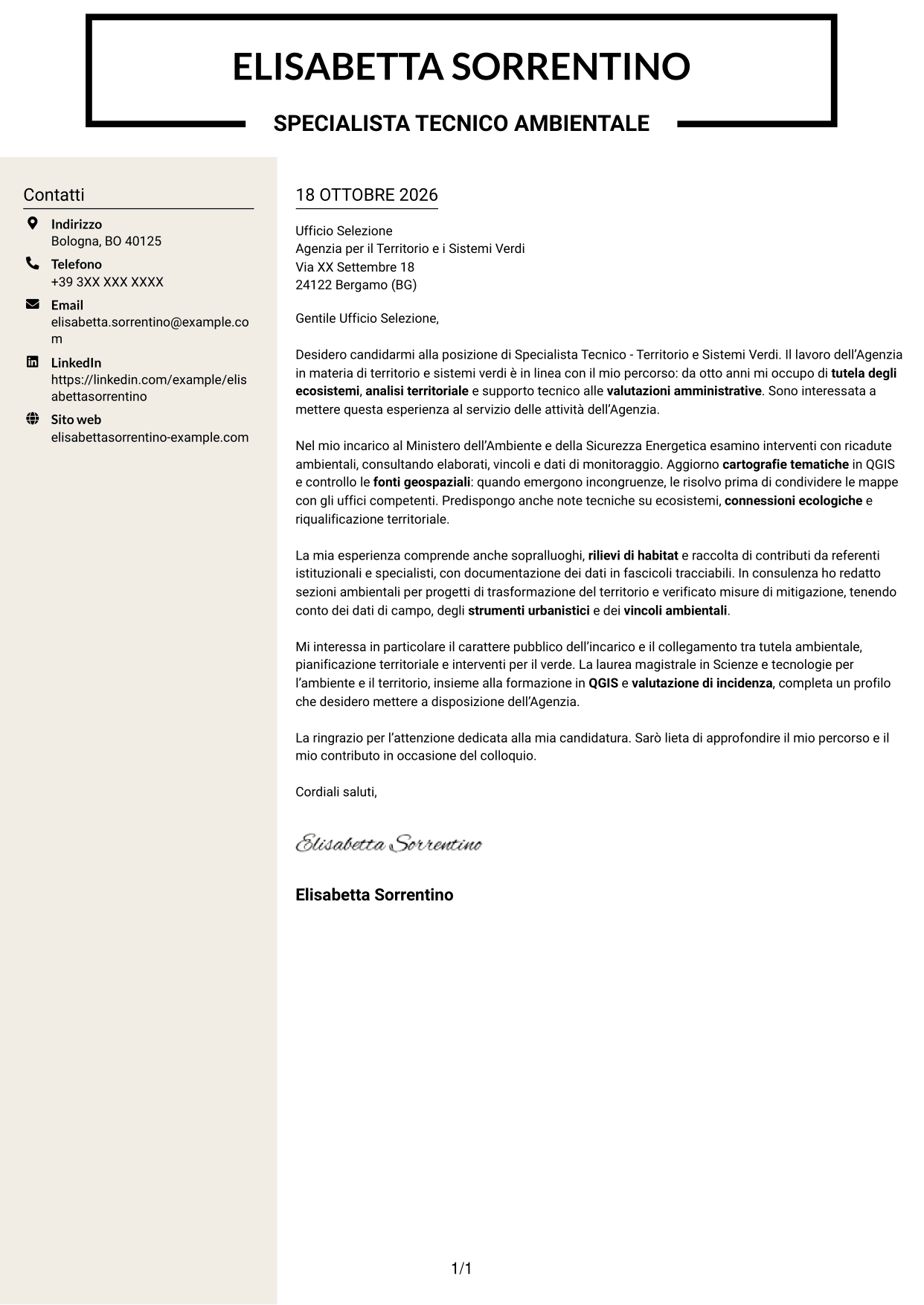Lettera di presentazione Intraprendente (formato a due colonne con intestazione centrata senza foto): Specialista Tecnico - Territorio e Sistemi Verdi, pagina 1