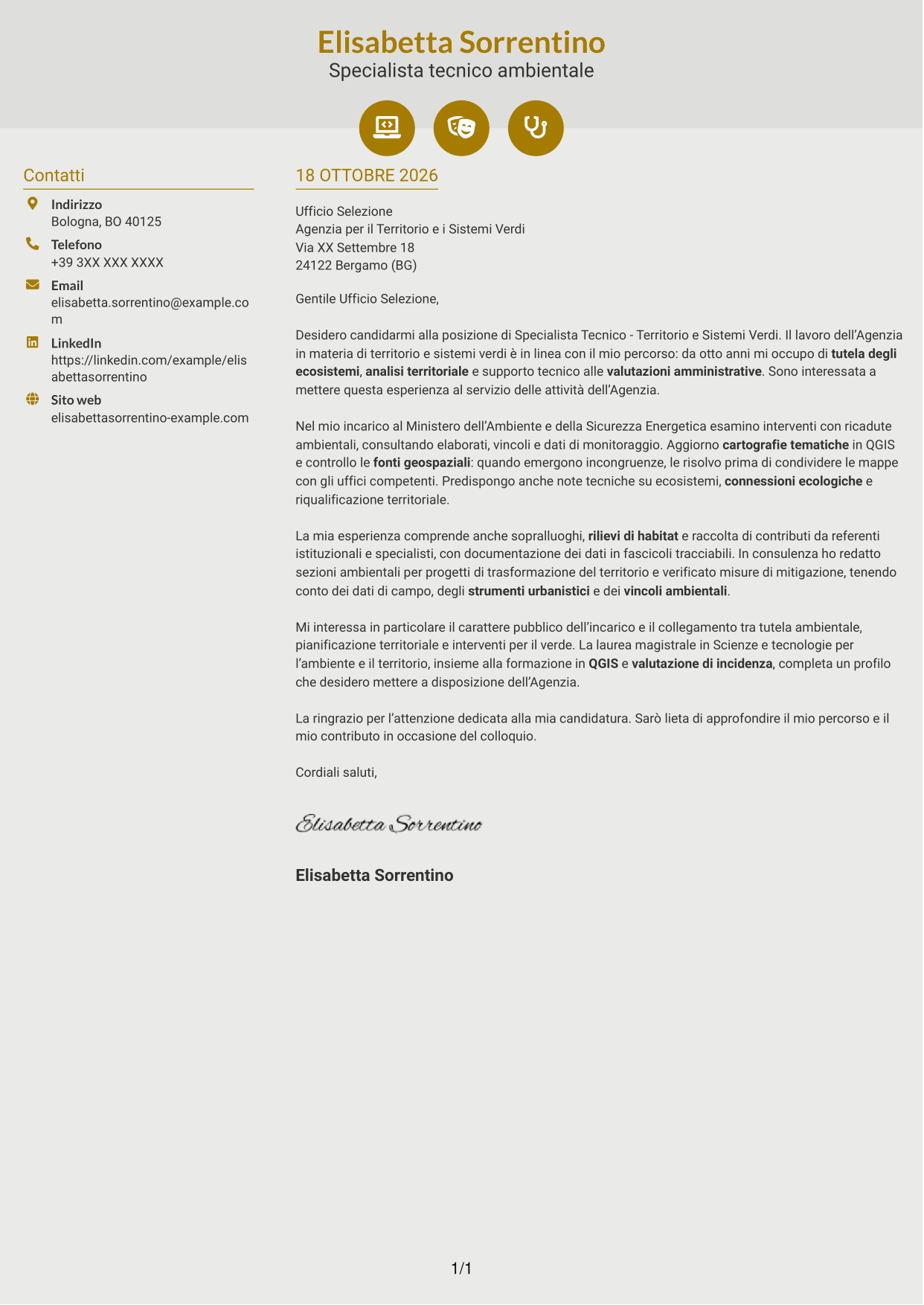 Lettera di presentazione Dinamico (formato a due colonne con icone): Specialista Tecnico - Territorio e Sistemi Verdi, pagina 1