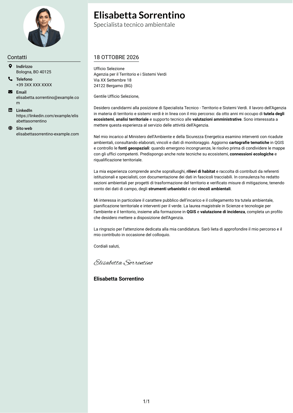 Lettera di presentazione Dirigente (formato con colonna laterale tenue e foto arrotondata): Specialista Tecnico - Territorio e Sistemi Verdi, pagina 1