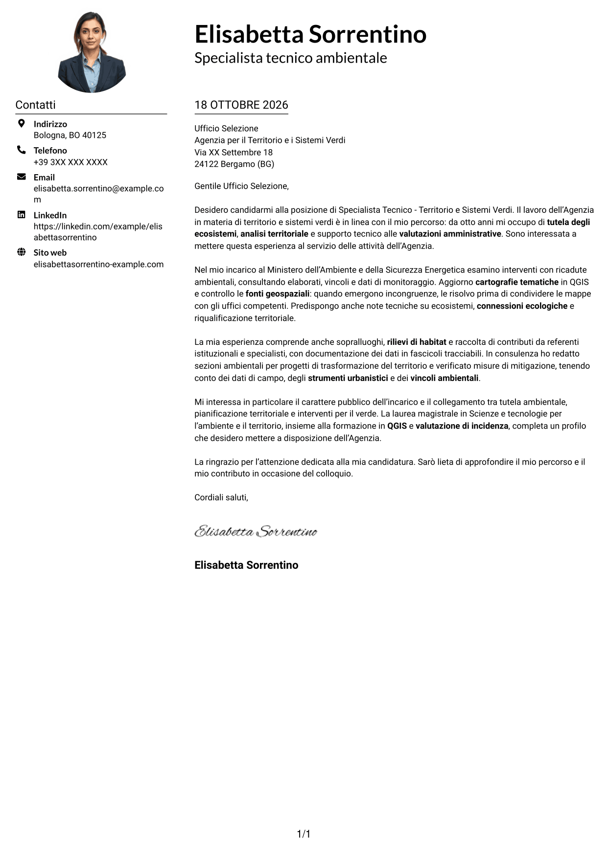 Esempio di lettera di presentazione — pagina 1