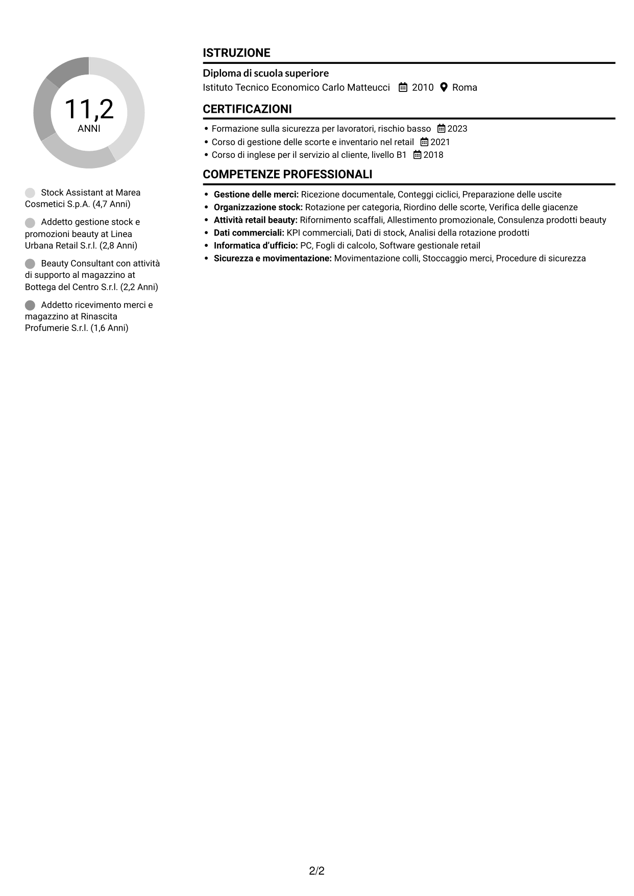 CV Compatto (formato sobrio a due colonne con foto): Stock Assistant - Retail Beauty, pagina 2