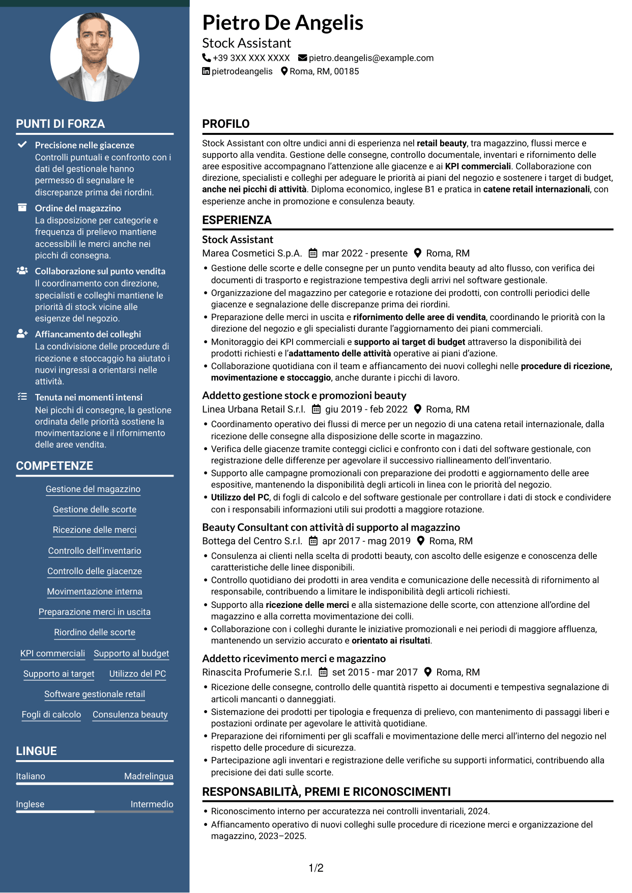 CV Elegante (formato con colonna laterale colorata e foto): Stock Assistant - Retail Beauty, pagina 1