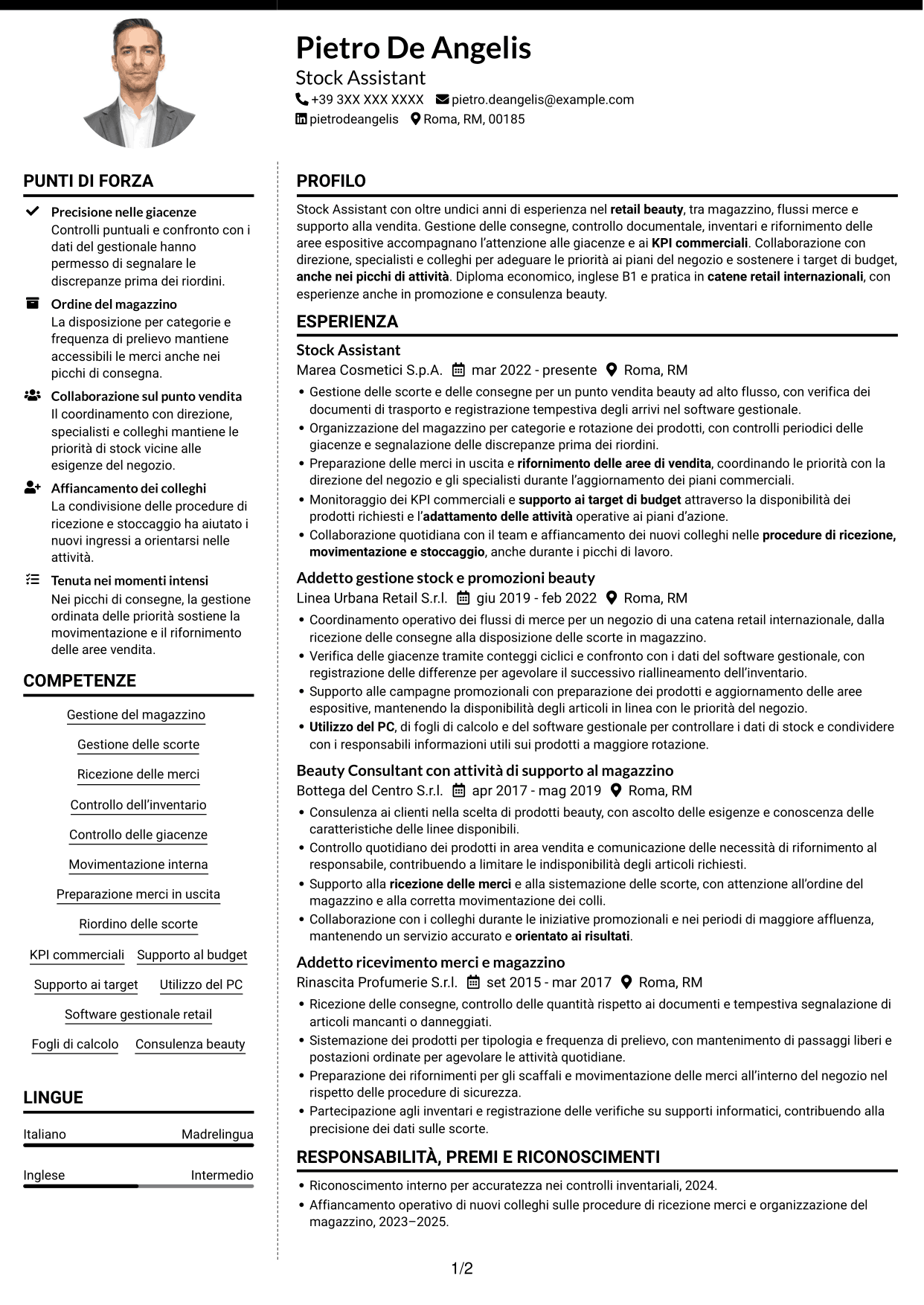 CV Moderno (formato a due colonne con foto a sinistra e separatore): Stock Assistant - Retail Beauty, pagina 1