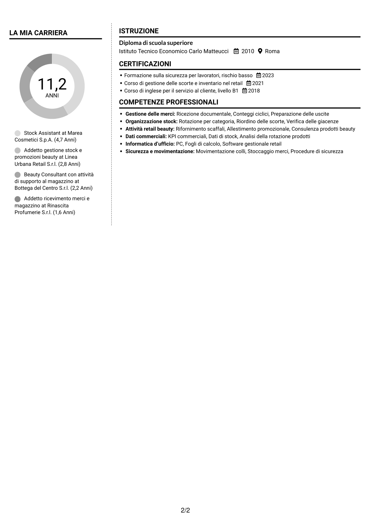 CV Moderno (formato a due colonne con foto a sinistra e separatore): Stock Assistant - Retail Beauty, pagina 2