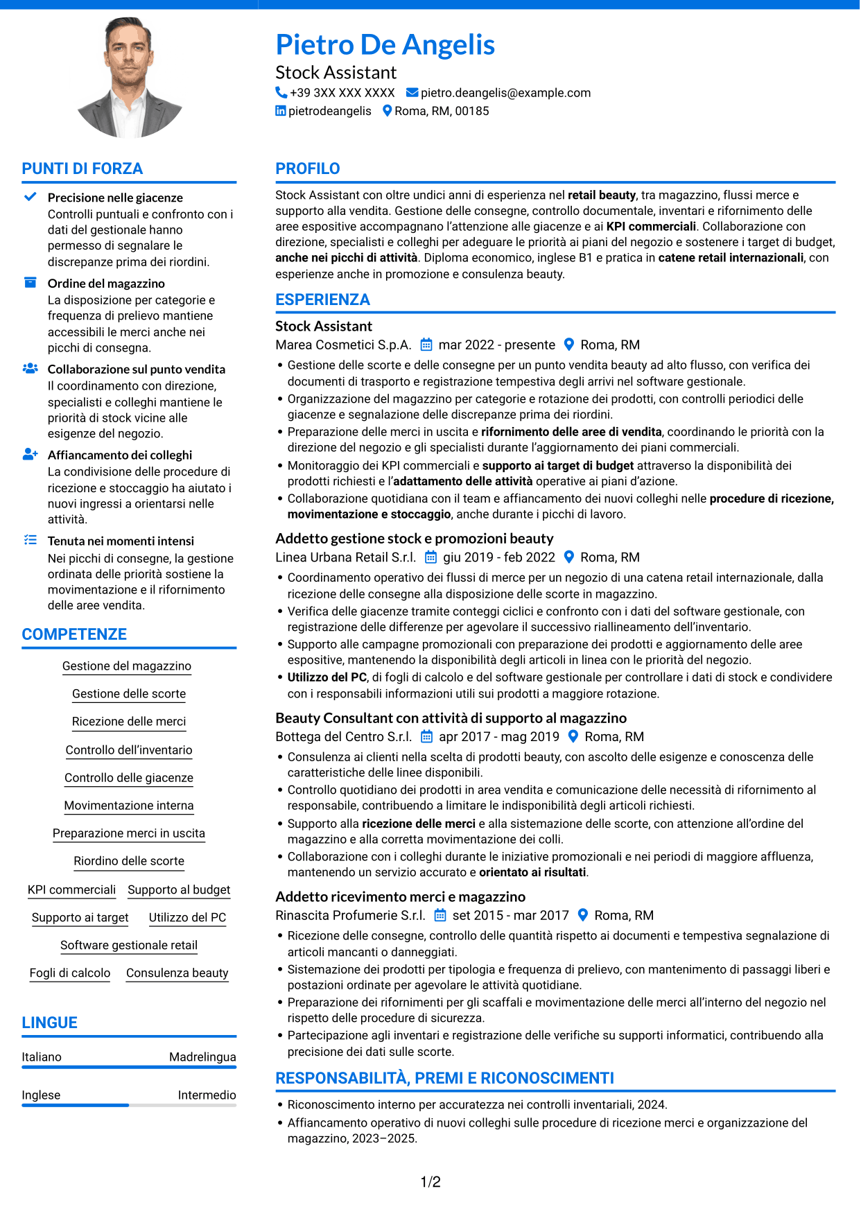 CV Audace (formato a due colonne con accenti colorati e foto): Stock Assistant - Retail Beauty, pagina 1
