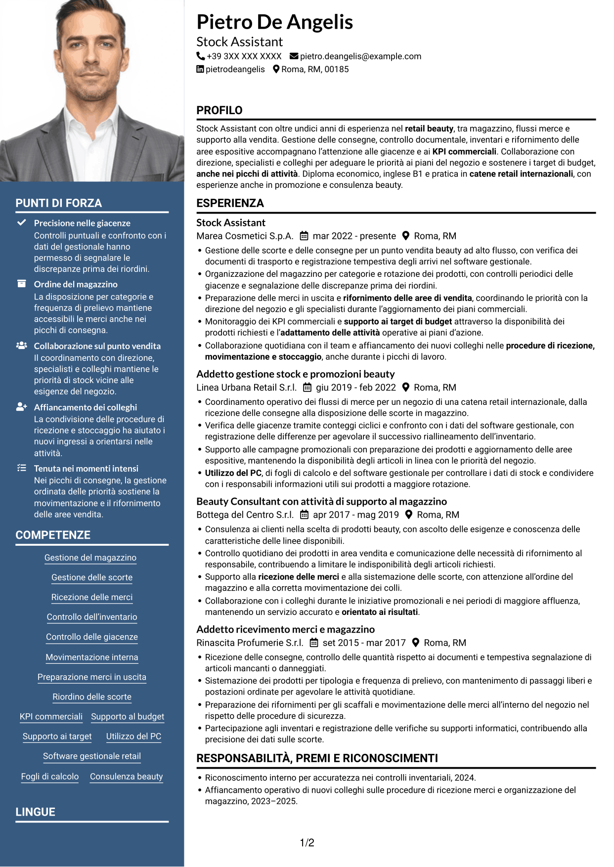 CV Signature (formato con colonna laterale colorata e foto grande): Stock Assistant - Retail Beauty, pagina 1