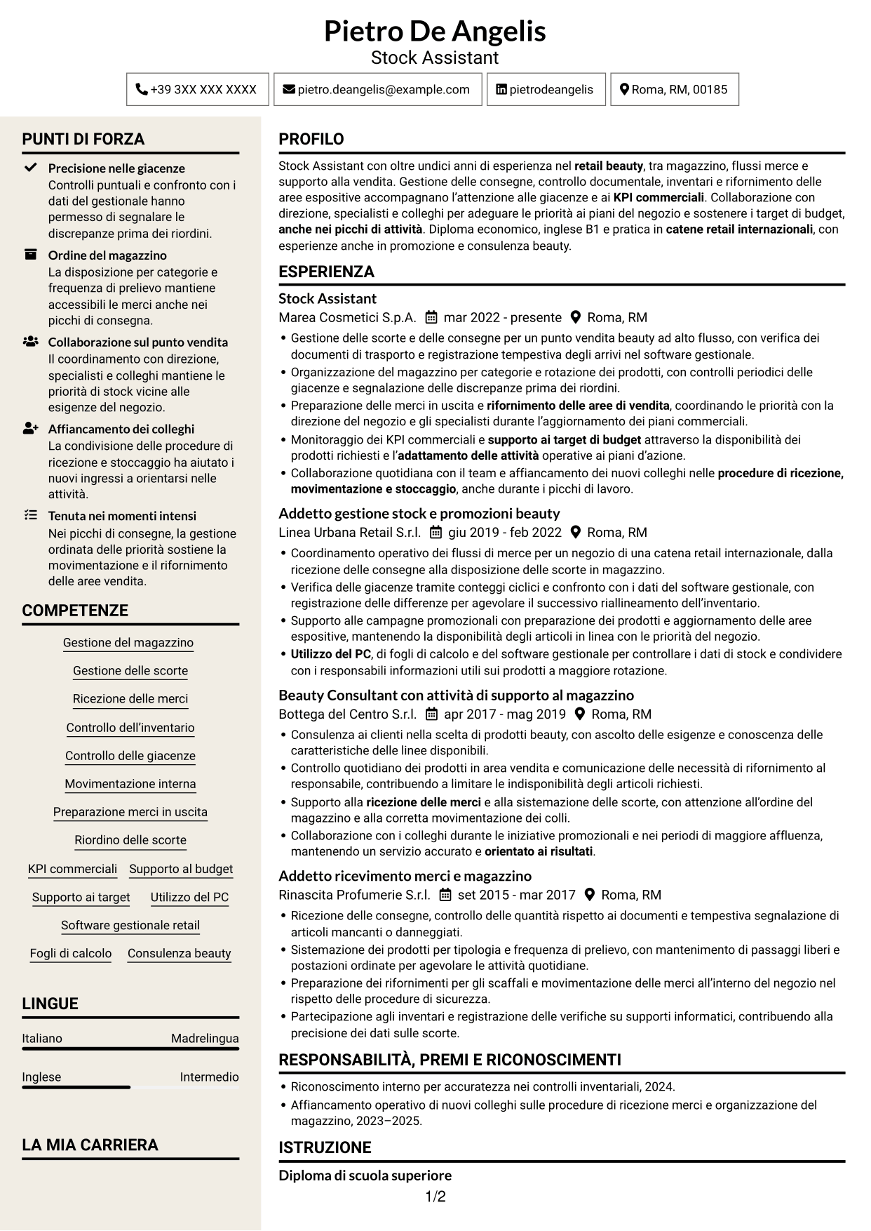 CV Intraprendente (formato a due colonne con intestazione centrata senza foto): Stock Assistant - Retail Beauty, pagina 1