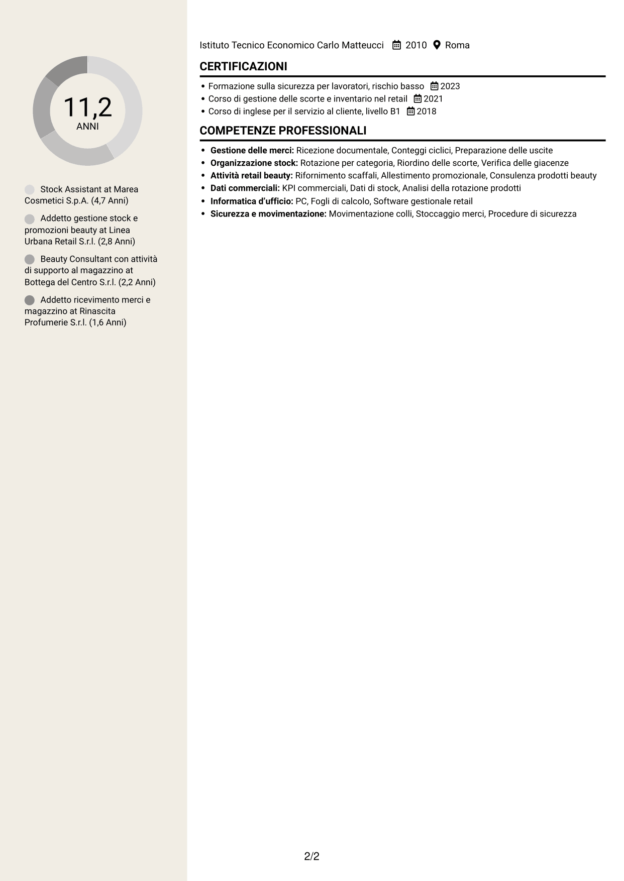 CV Intraprendente (formato a due colonne con intestazione centrata senza foto): Stock Assistant - Retail Beauty, pagina 2