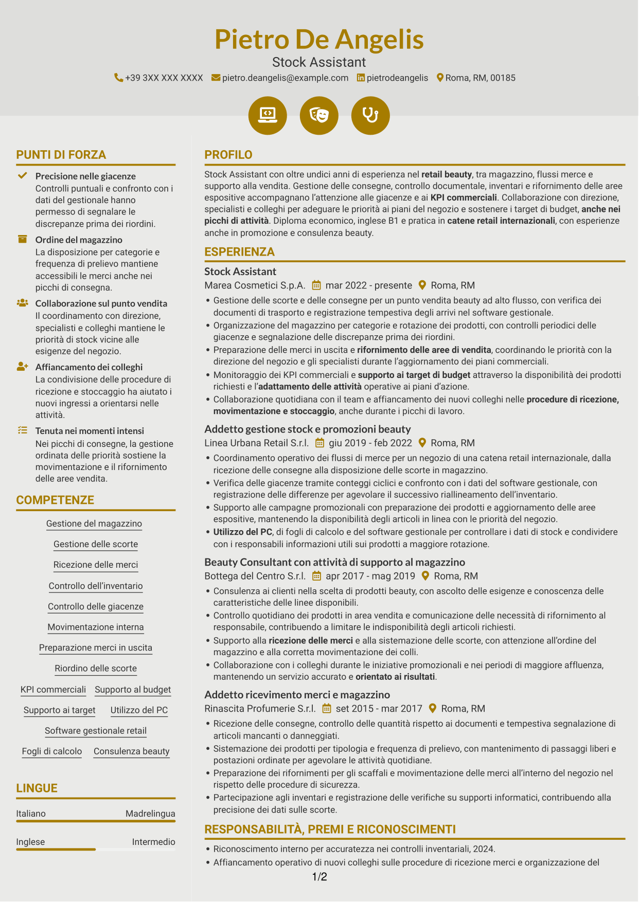 CV Dinamico (formato a due colonne con icone): Stock Assistant - Retail Beauty, pagina 1