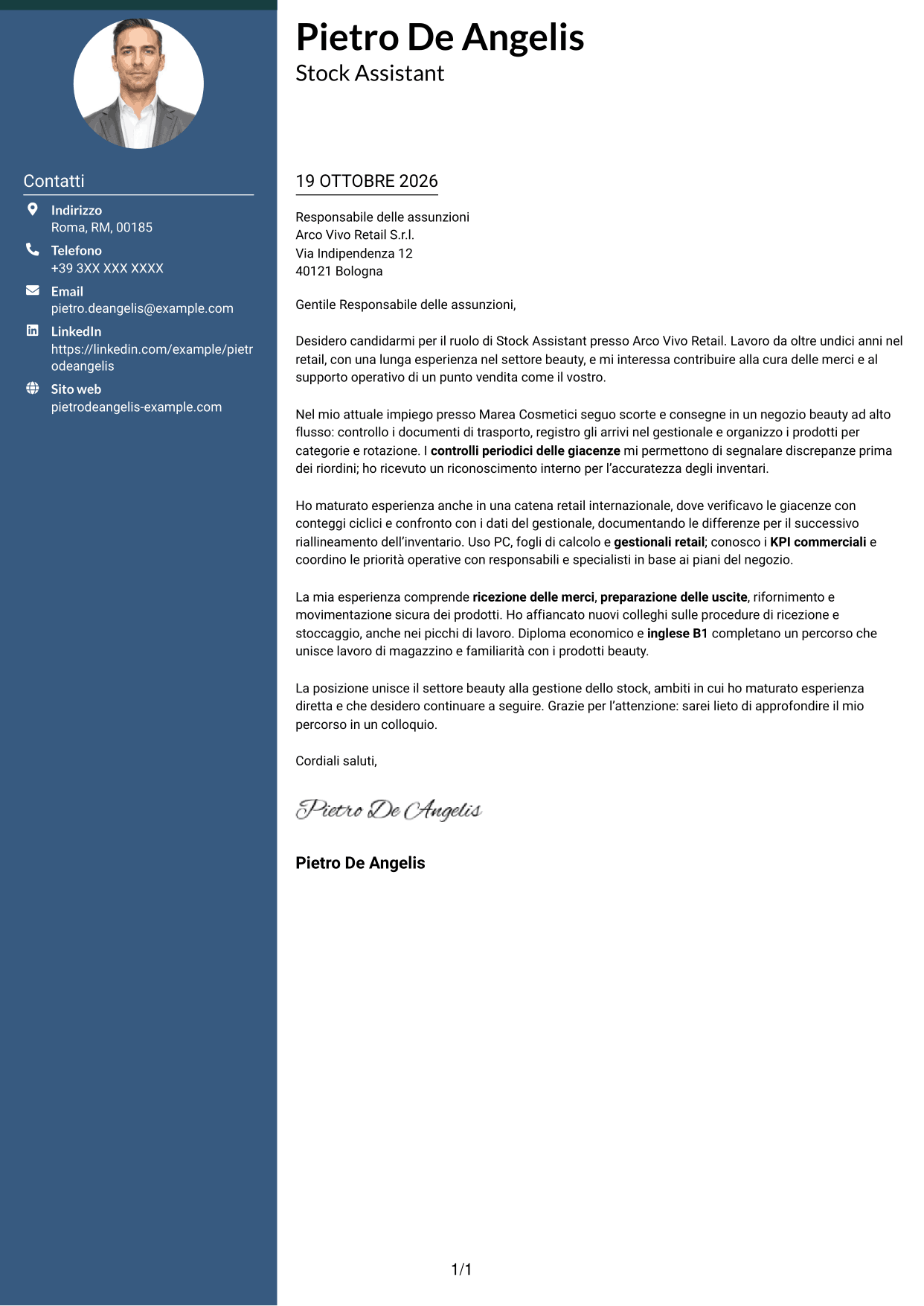 Lettera di presentazione Elegante (formato con colonna laterale colorata e foto): Stock Assistant - Retail Beauty, pagina 1