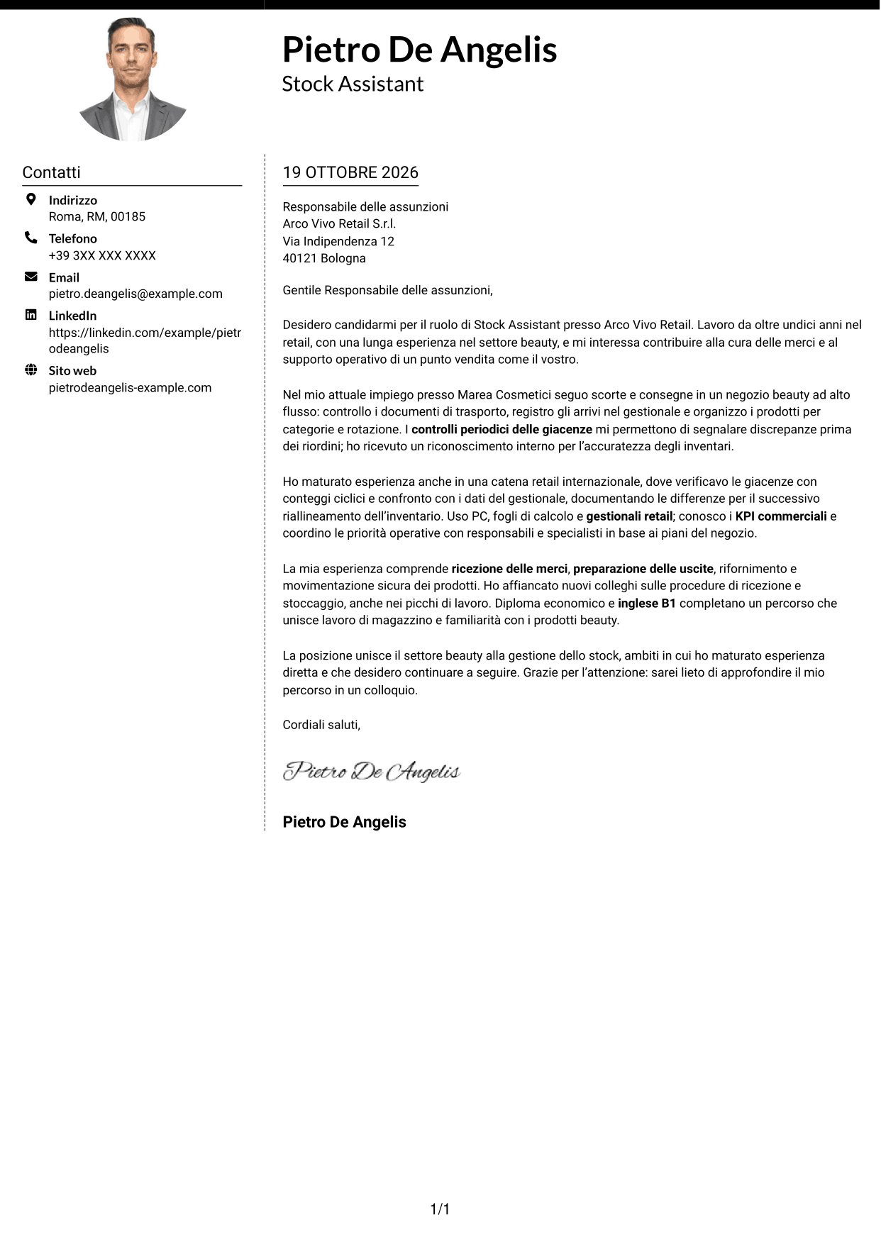 Lettera di presentazione Moderno (formato a due colonne con foto a sinistra e separatore): Stock Assistant - Retail Beauty, pagina 1